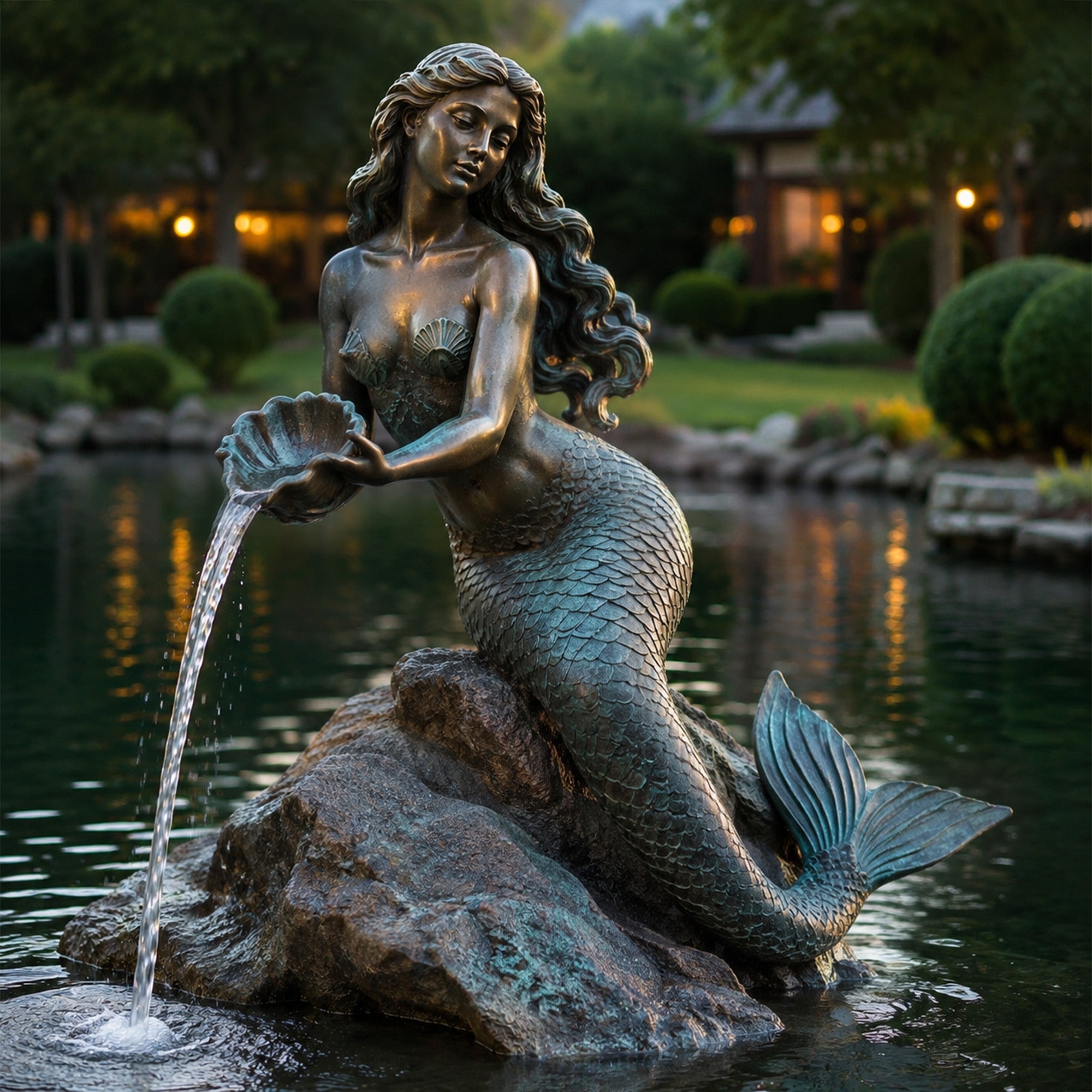 Bronze mermaid fountain sculpture seated on naturalistic rocks beside a garden pond, holding a seashell that pours water, with flowing hair, detailed fish scales and a blue-green antique bronze finish.