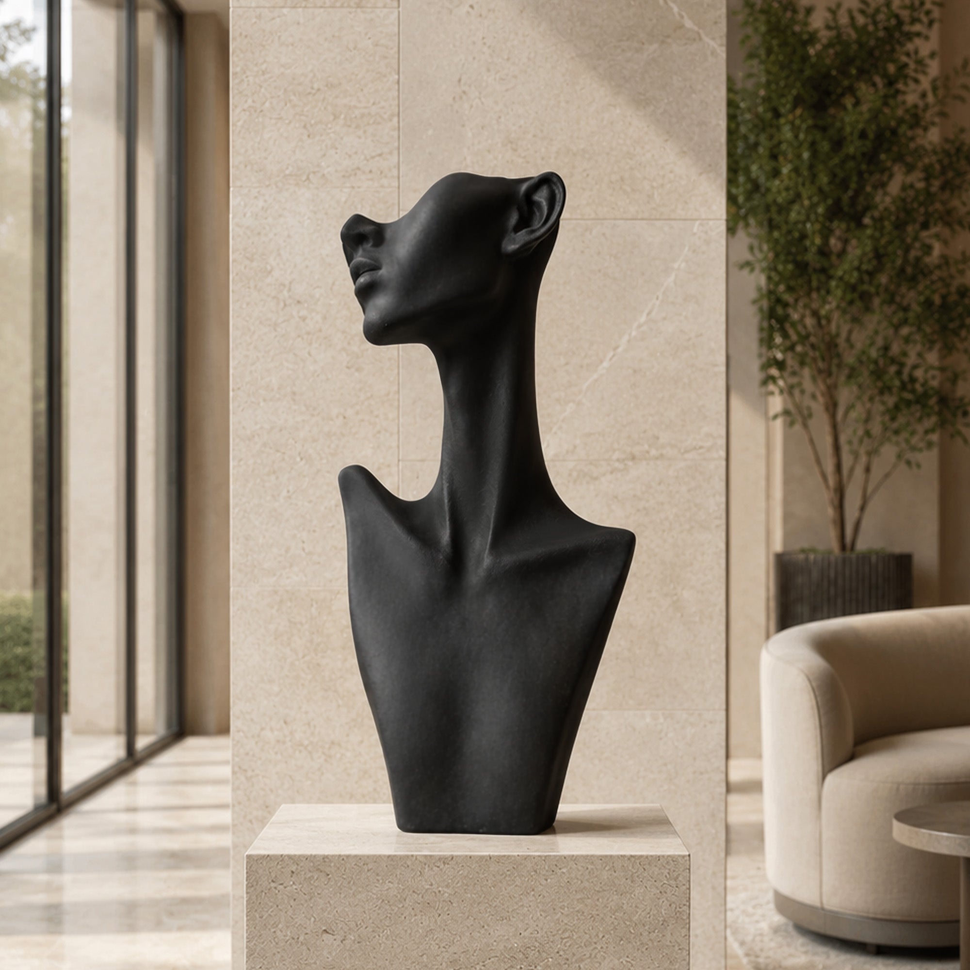 Abstract bronze female bust sculpture with an elongated neck and minimalist facial features, displayed on a stone pedestal in a luxury modern interior.