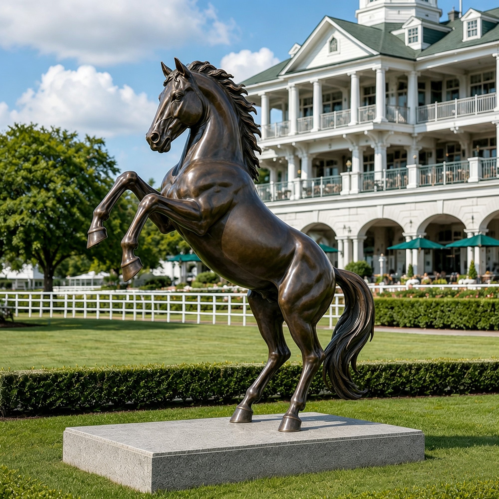 Front view of an antique warm bronze rearing horse sculpture standing on a lush green lawn in front of a grand equestrian clubhouse.