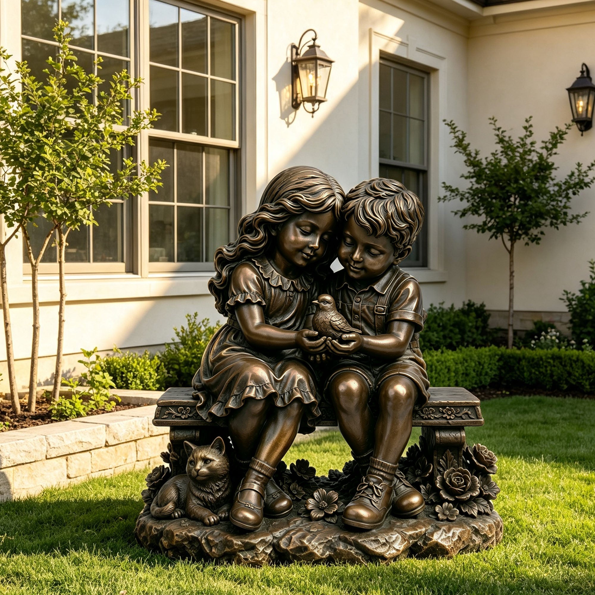 Bronze boy and girl garden statue seated together on a decorative bench holding a small bird, with a cat and detailed flowers around the sculpted base.