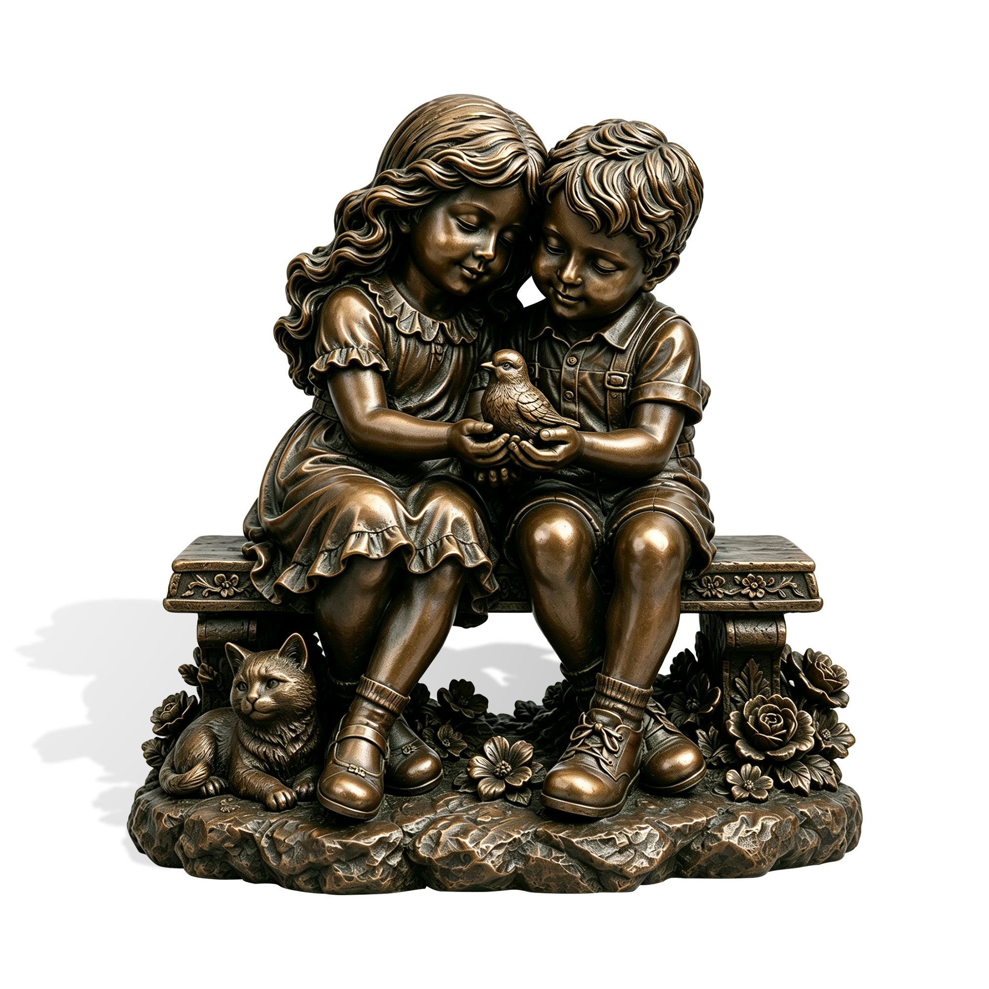 Bronze children garden sculpture of a boy and girl holding a bird on a bench, surrounded by a cat and flowers and displayed on a landscaped lawn.