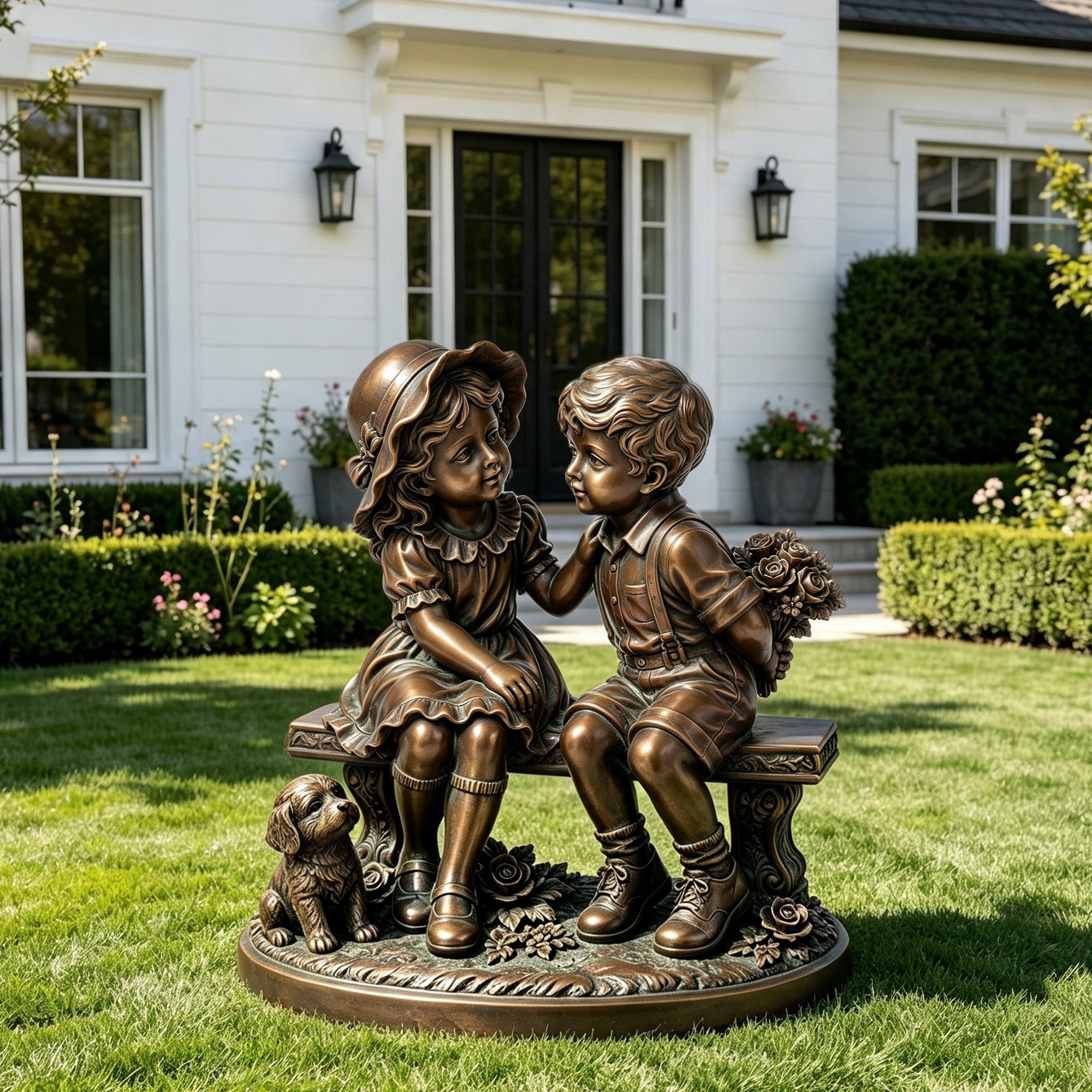 Outdoor bronze children sculpture showing a boy and girl sitting on a decorative bench with a puppy and floral details, displayed in a landscaped garden setting.