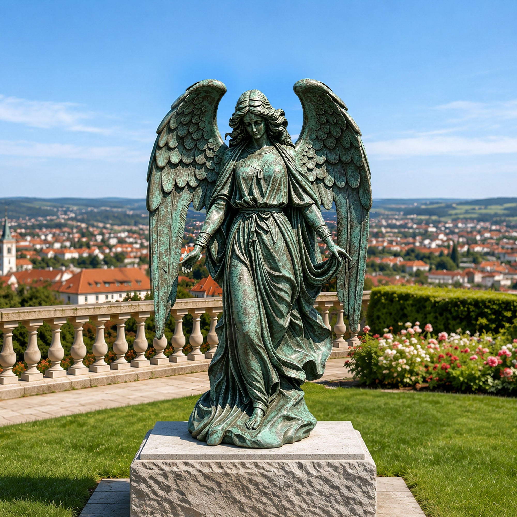 Outdoor bronze winged angel sculpture displayed on a stone pedestal, showing detailed feathers, flowing fabric folds and weathered green bronze patina finish.
