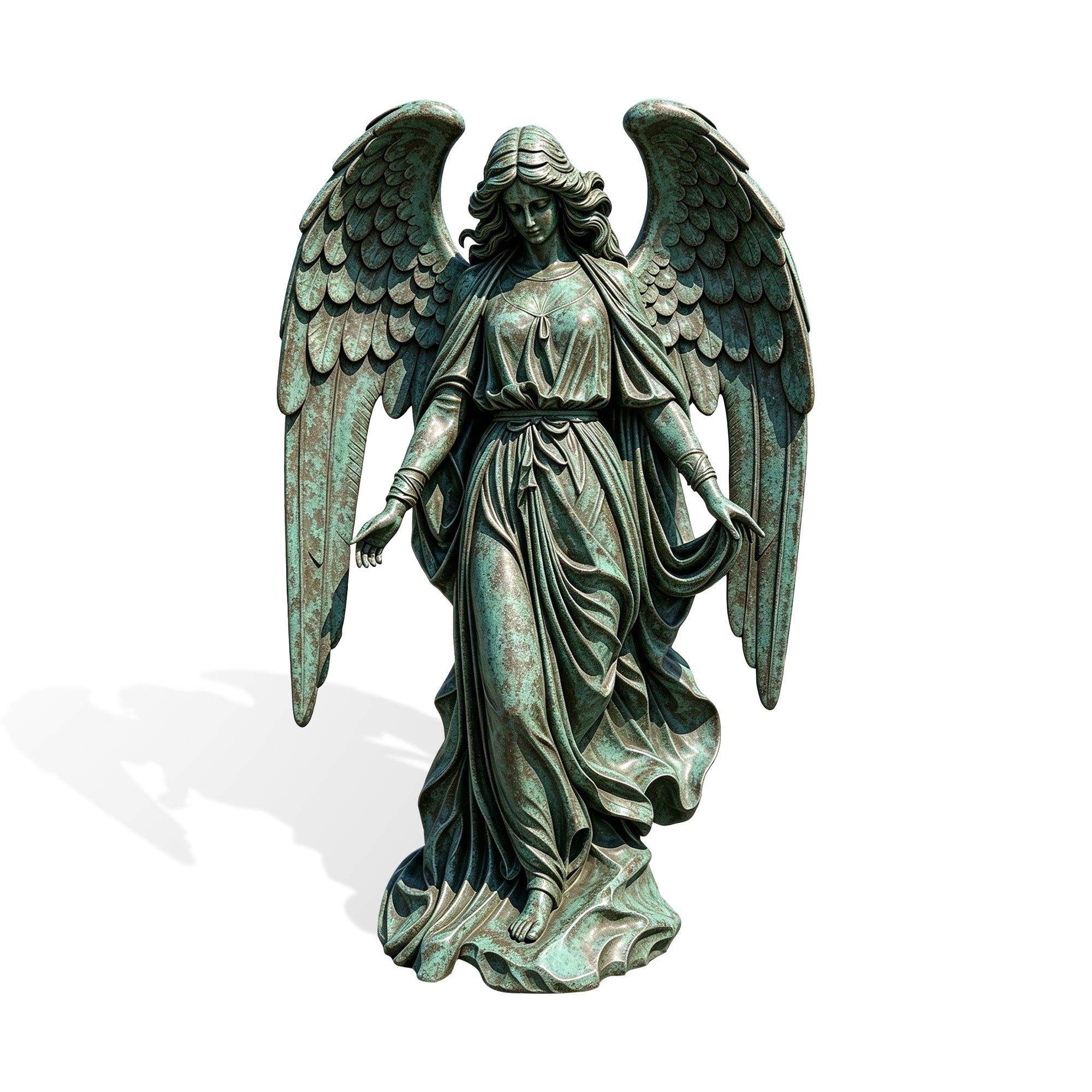 Bronze angel statue with large detailed wings and flowing robes, featuring a classical guardian angel design with aged green patina finish and sculptural details.