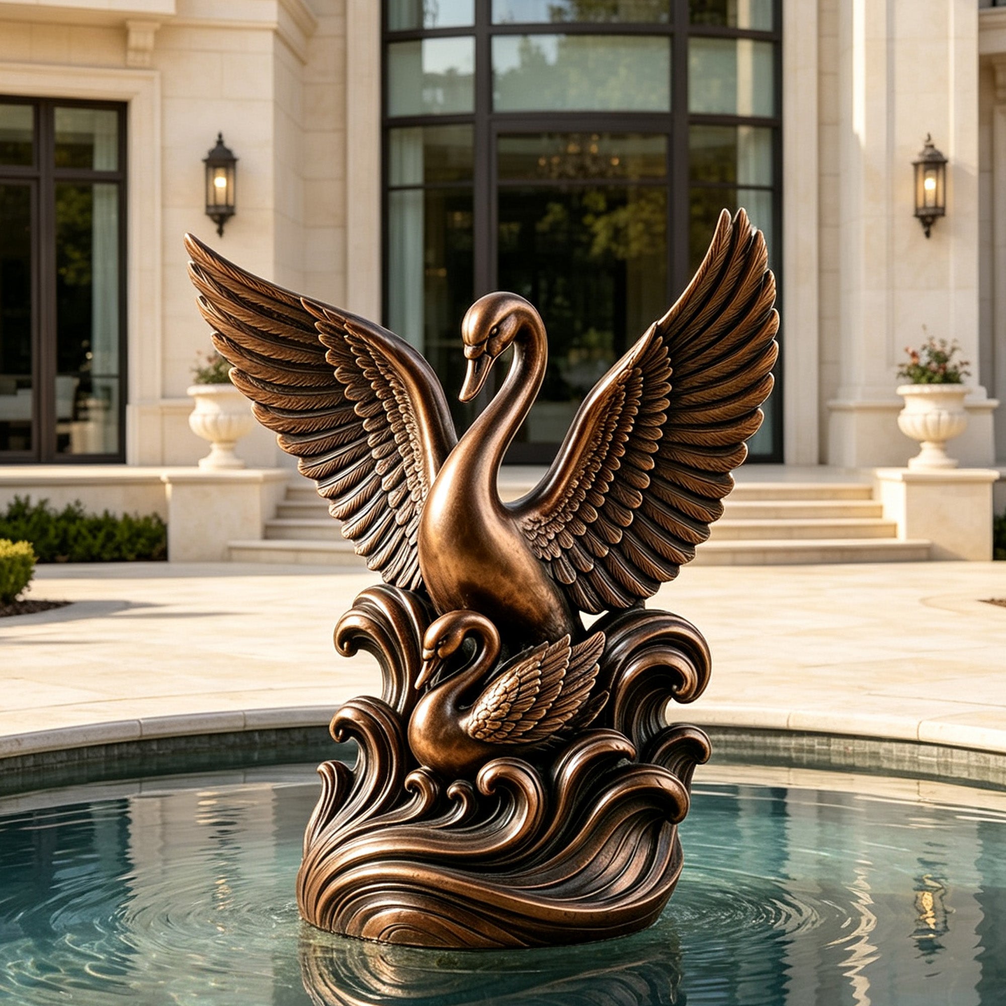Bronze swan garden sculpture featuring a large swan with fully spread wings and a smaller swan among stylized waves, displayed in a luxury courtyard reflecting pool.