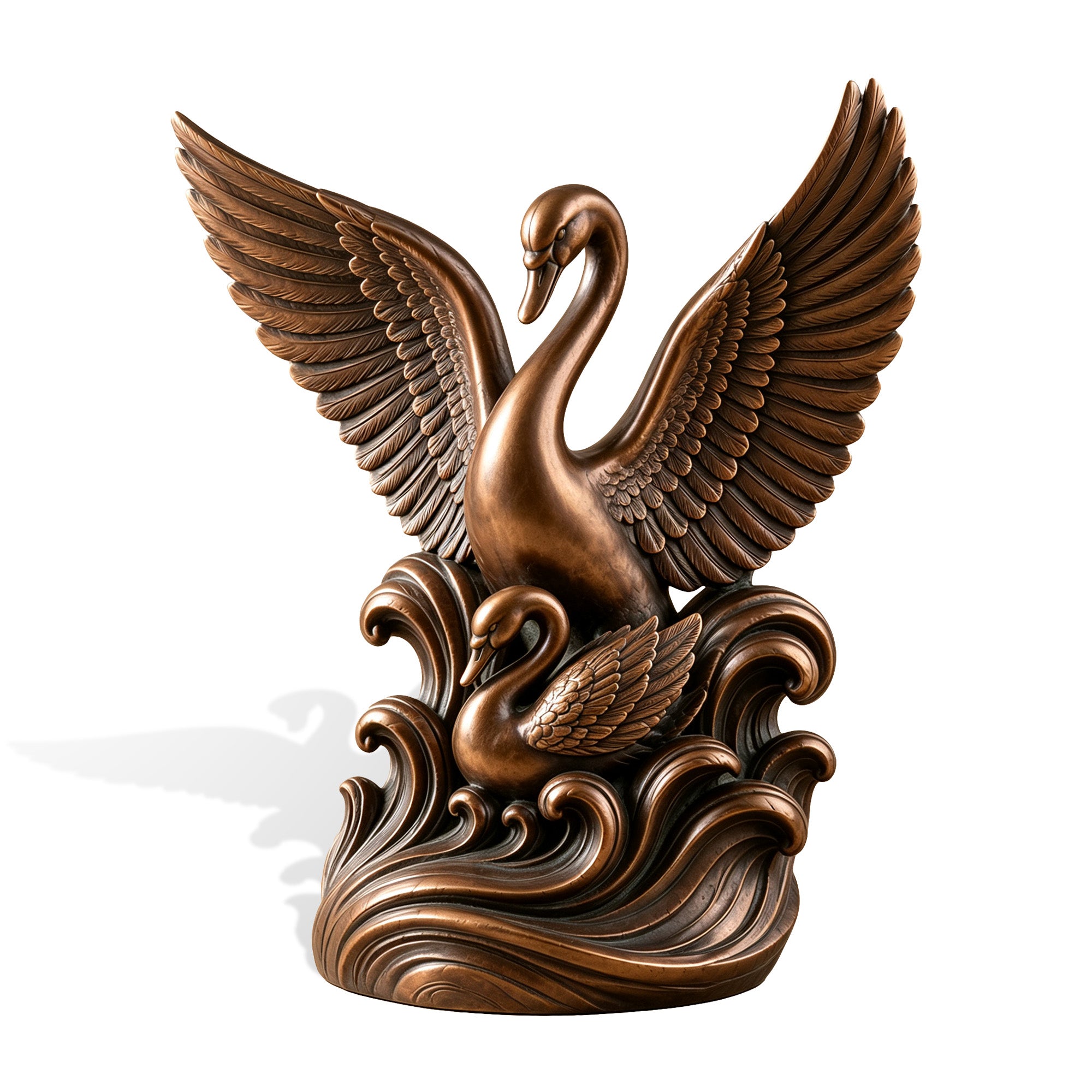 Front product view of an antique bronze swan sculpture with a graceful adult swan spreading its detailed wings above a smaller cygnet surrounded by sculpted curling waves.