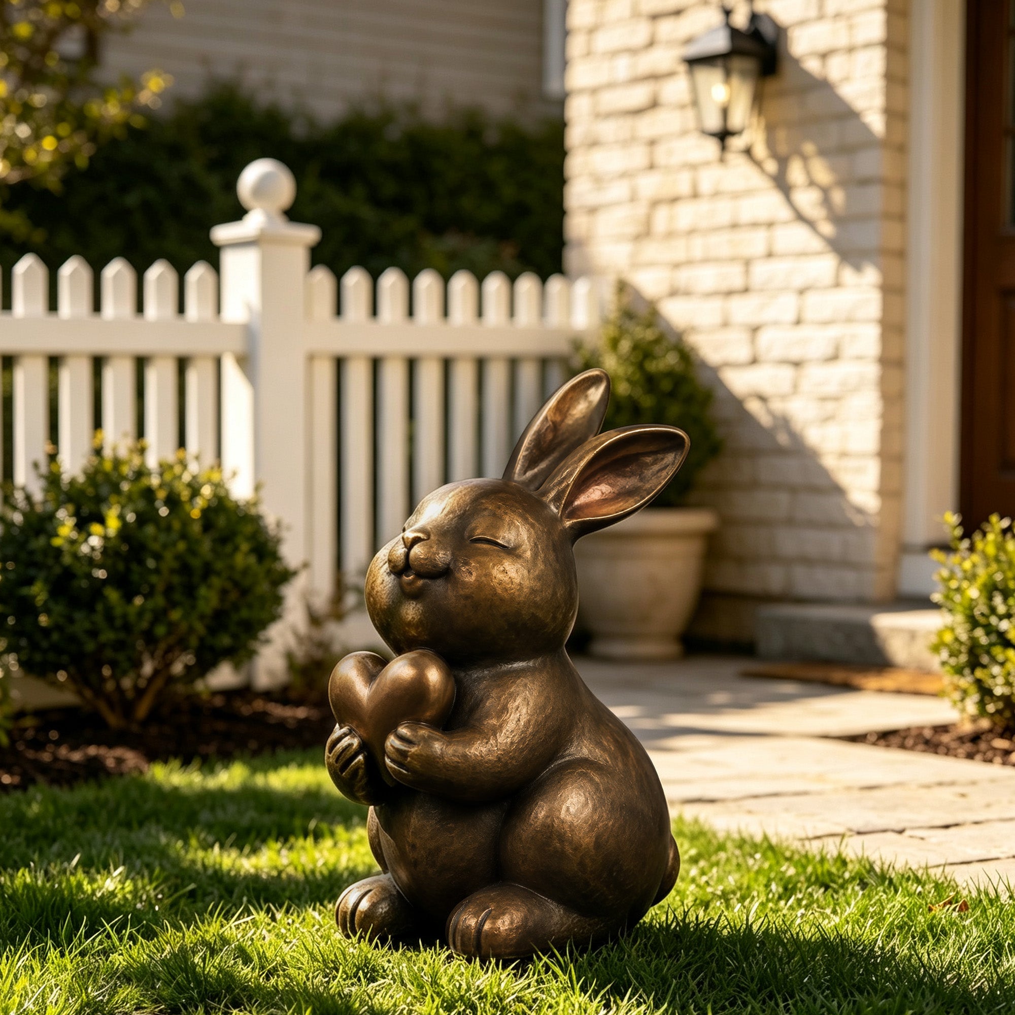 Antique bronze rabbit sculpture holding a heart with both paws, shown seated on a lawn in a residential garden beside a white fence and landscaped shrubs.