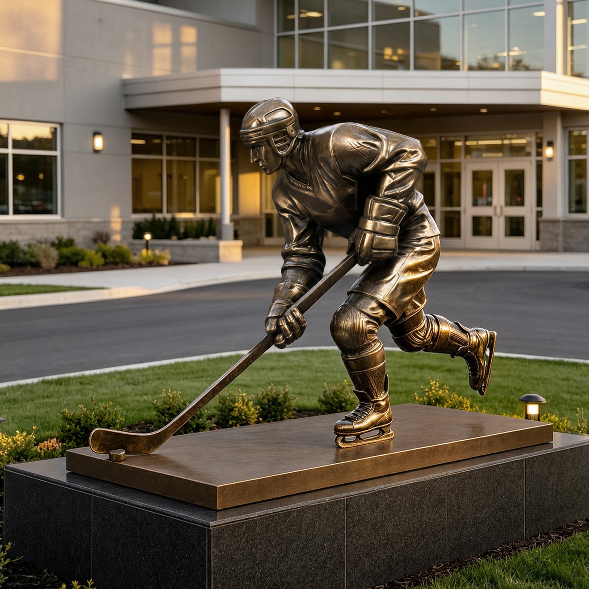 Life-size bronze ice hockey player sculpture in an action skating pose, holding a hockey stick toward a puck and displayed outdoors in front of a modern building.