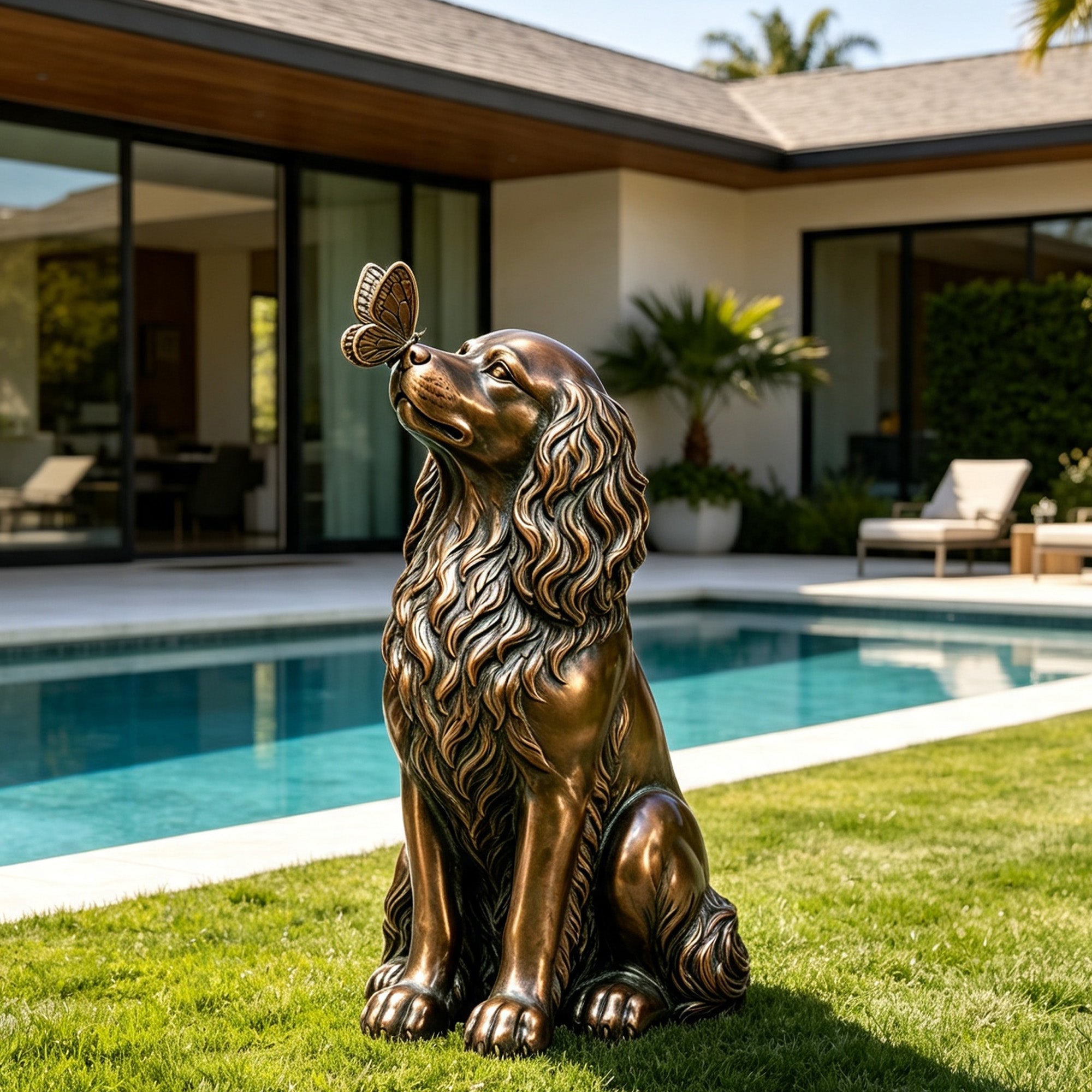 Bronze dog sculpture with a butterfly resting on its nose, featuring long detailed fur and a gentle upward gaze, displayed on a lawn beside a modern outdoor swimming pool.