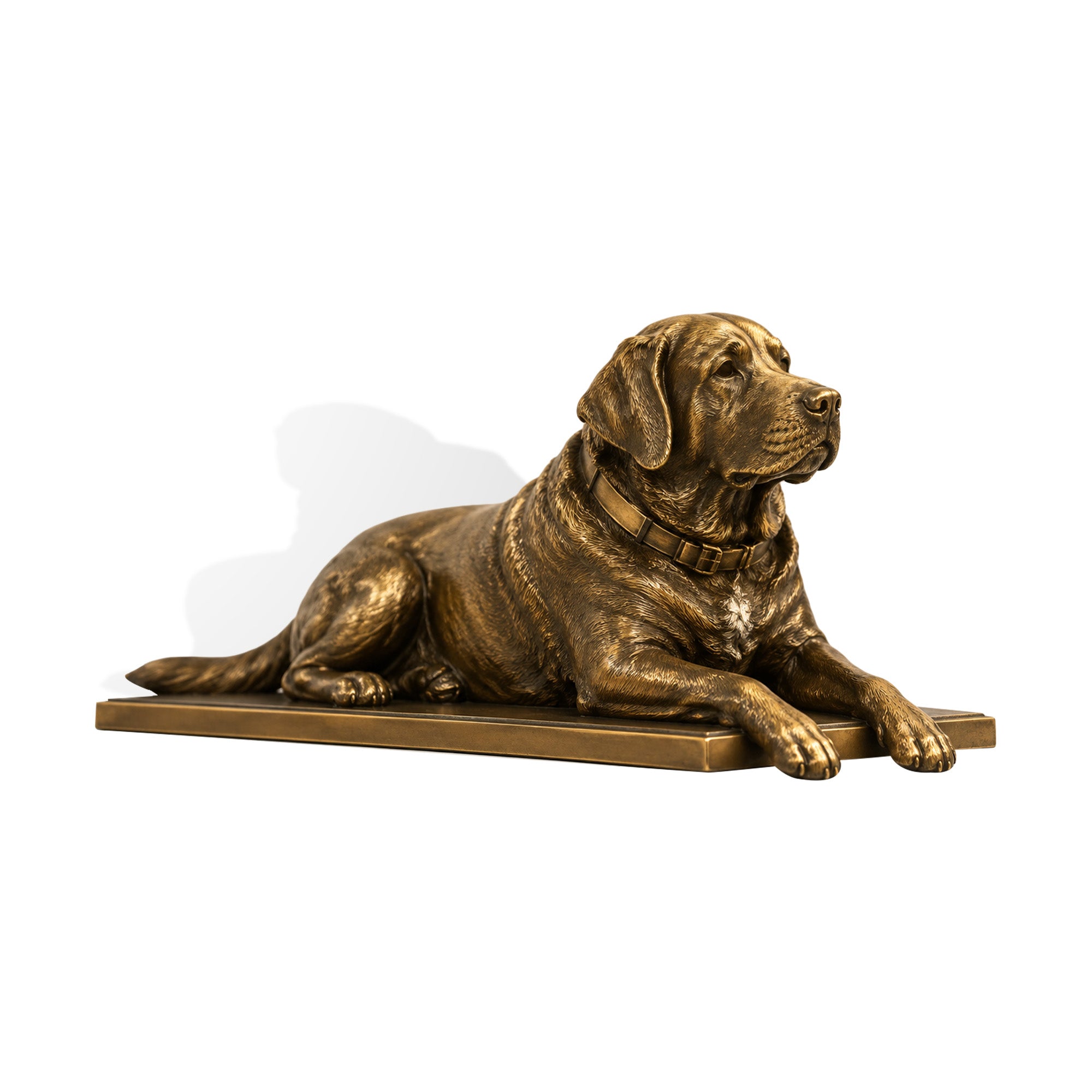 Realistic bronze Labrador Retriever statue resting on a rectangular base, featuring finely sculpted fur, detailed facial features, collar, paws, and antique bronze finish.