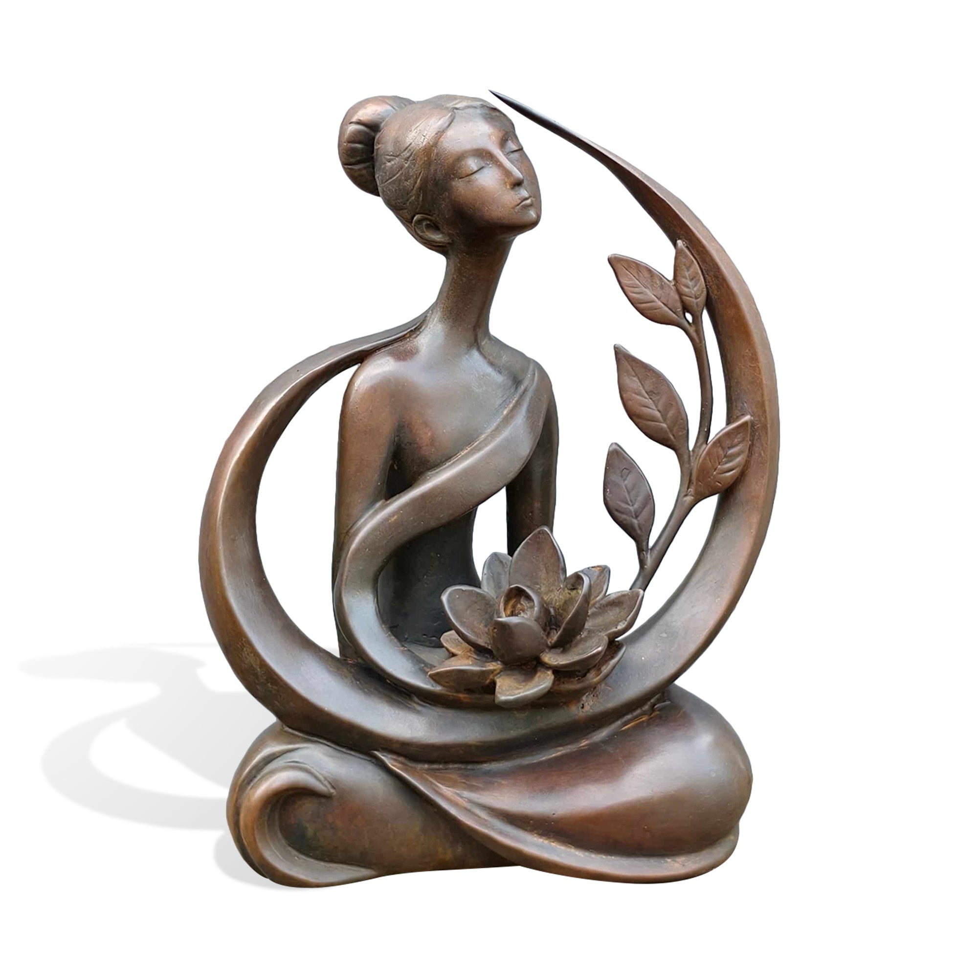 Front view of a bronze Zen woman sculpture with a lotus flower, graceful botanical leaves, flowing crescent-shaped curves, and a warm antique bronze finish.