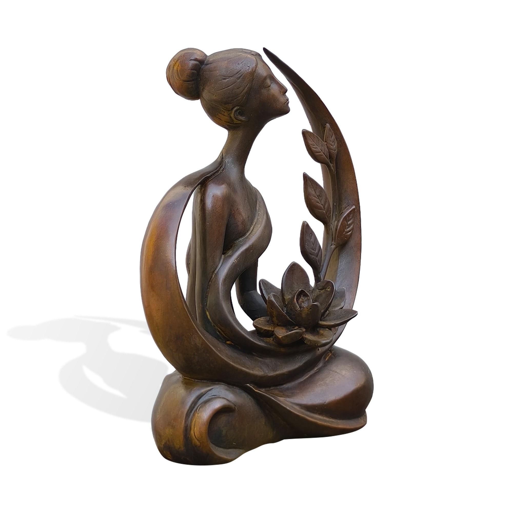 Three-quarter view of a bronze woman lotus statue featuring an elegant seated female figure surrounded by curved forms, sculpted leaves, and a detailed lotus blossom.