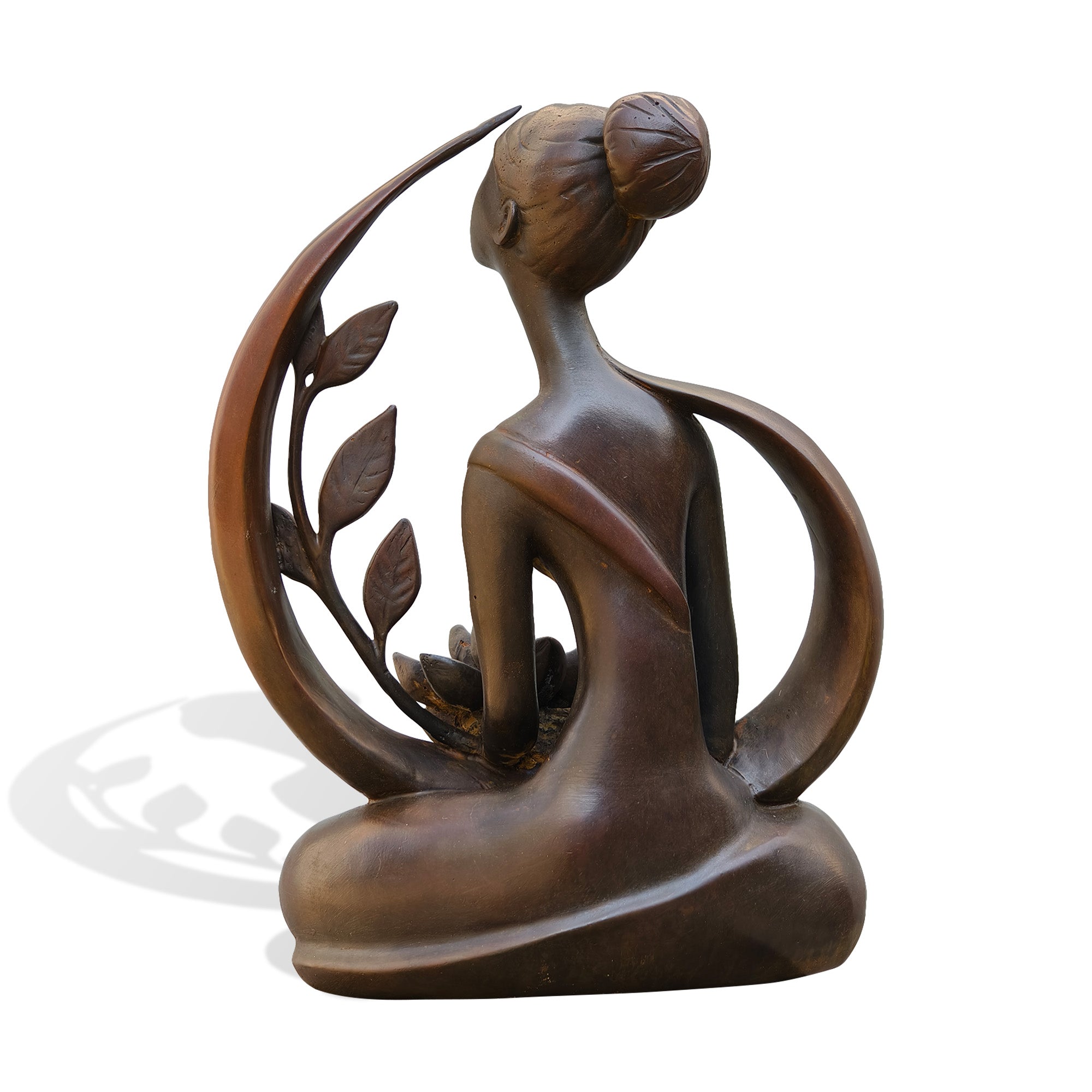 Back view of a bronze female lotus sculpture showing the woman's hair bun, elongated figure, sweeping circular curves, botanical branch, and dark brown bronze patina.