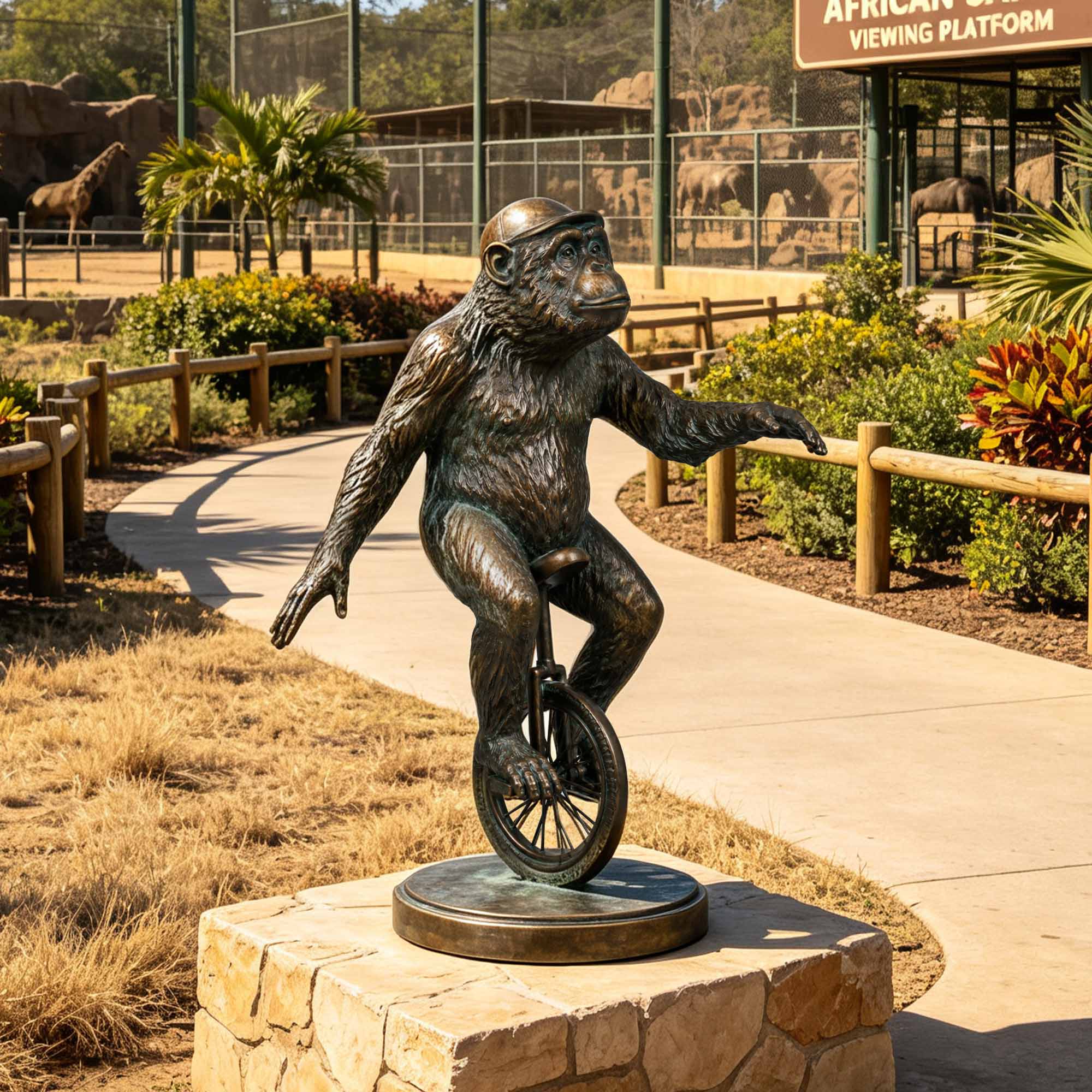 Life-size bronze monkey sculpture riding a unicycle in an outdoor zoo setting, featuring outstretched arms, detailed textured fur, a playful balancing pose, and aged verdigris patina finish.