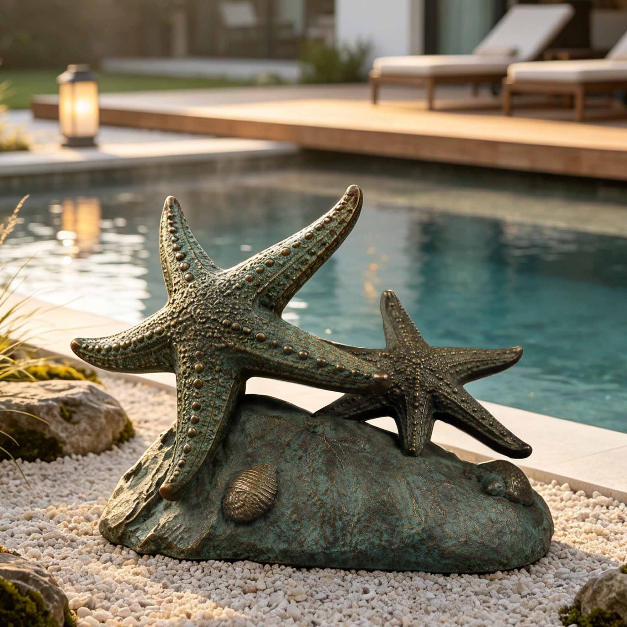 Decorative bronze starfish sculpture displayed beside a swimming pool, featuring two detailed starfish, shell accents, a rocky base, and aged verdigris patina for coastal outdoor decor.