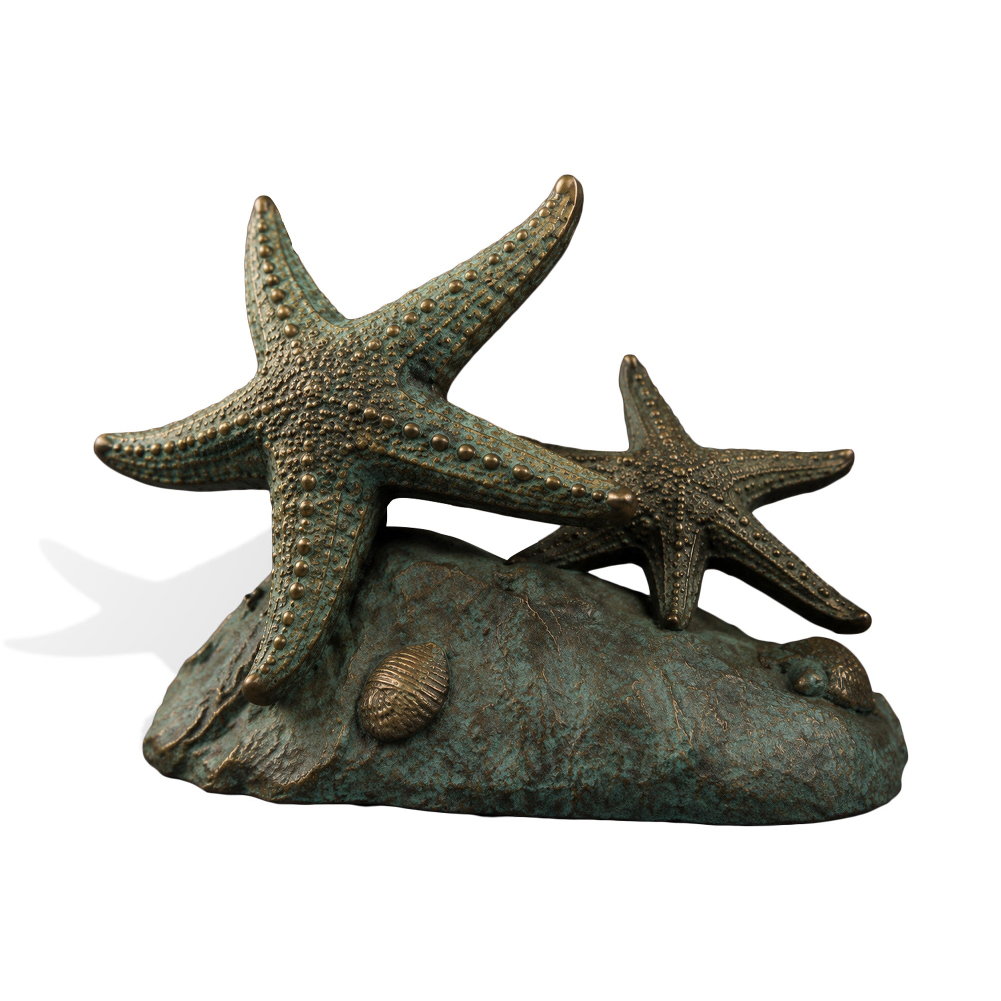 Bronze starfish sculpture featuring two textured starfish resting on a sculpted rocky seabed with shell details, finished in aged bronze tones and hand-applied verdigris patina.