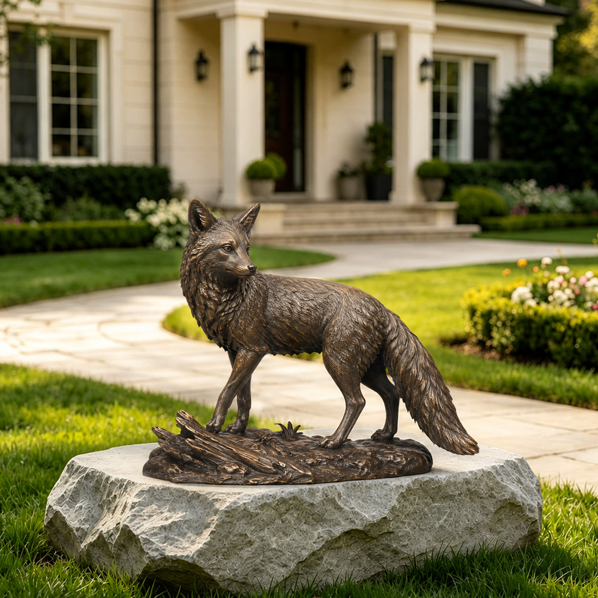 Realistic bronze fox garden sculpture displayed on a stone pedestal in a landscaped residential yard, with detailed fur, an attentive pose, a full bushy tail, and a warm antique bronze finish.