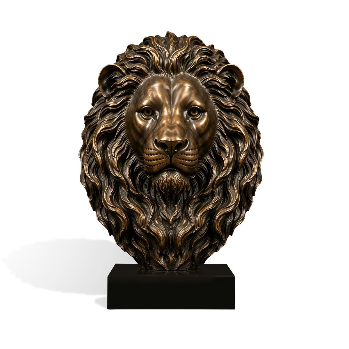 Front view of a detailed bronze lion head sculpture on a black pedestal base, featuring an expressive realistic face, layered flowing mane, finely modeled whisker details, and a warm antique bronze finish with hand-highlighted golden accents.