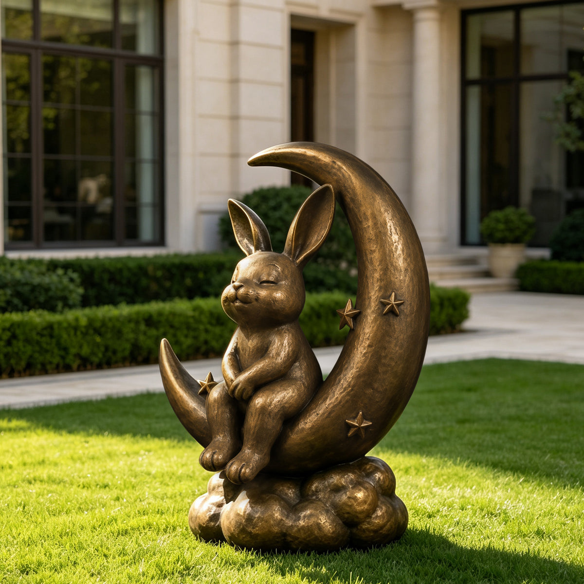 Whimsical bronze rabbit sculpture sitting peacefully on a crescent moon in a landscaped garden, featuring closed eyes, long upright ears, raised star accents, a sculpted cloud base, and a rich warm antique bronze finish.