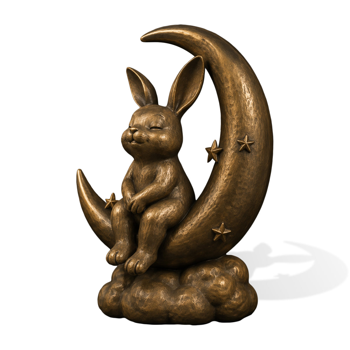 Detailed bronze rabbit sculpture seated on a large crescent moon above a rounded cloud base, decorated with raised stars and featuring a serene expression, long ears, softly textured surfaces, and a rich warm antique bronze finish.