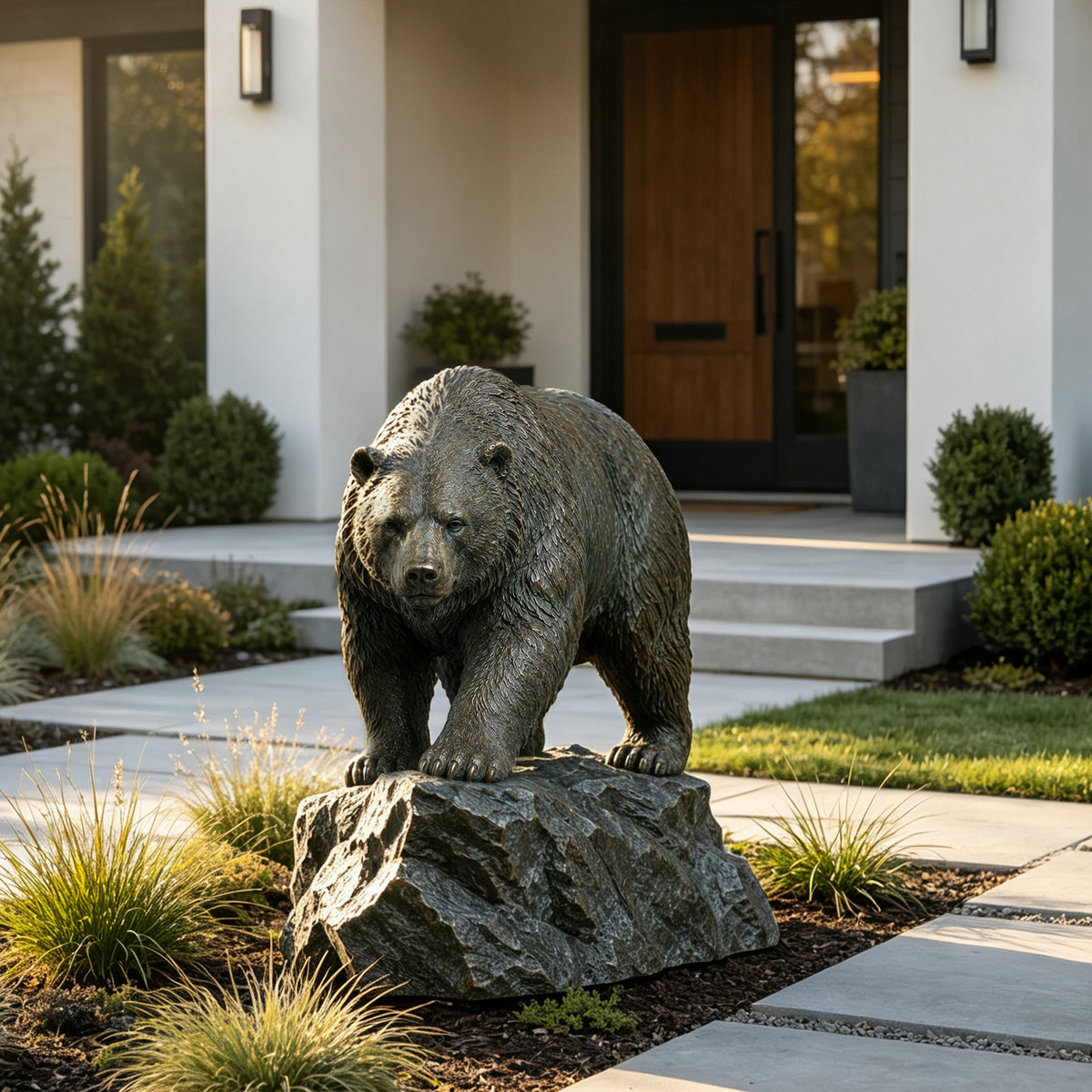 Lifelike bronze bear sculpture standing on a rugged rock base in a modern landscaped front garden, featuring a powerful walking pose, detailed layered fur, realistic facial features and paws, and a weathered verdigris bronze finish.