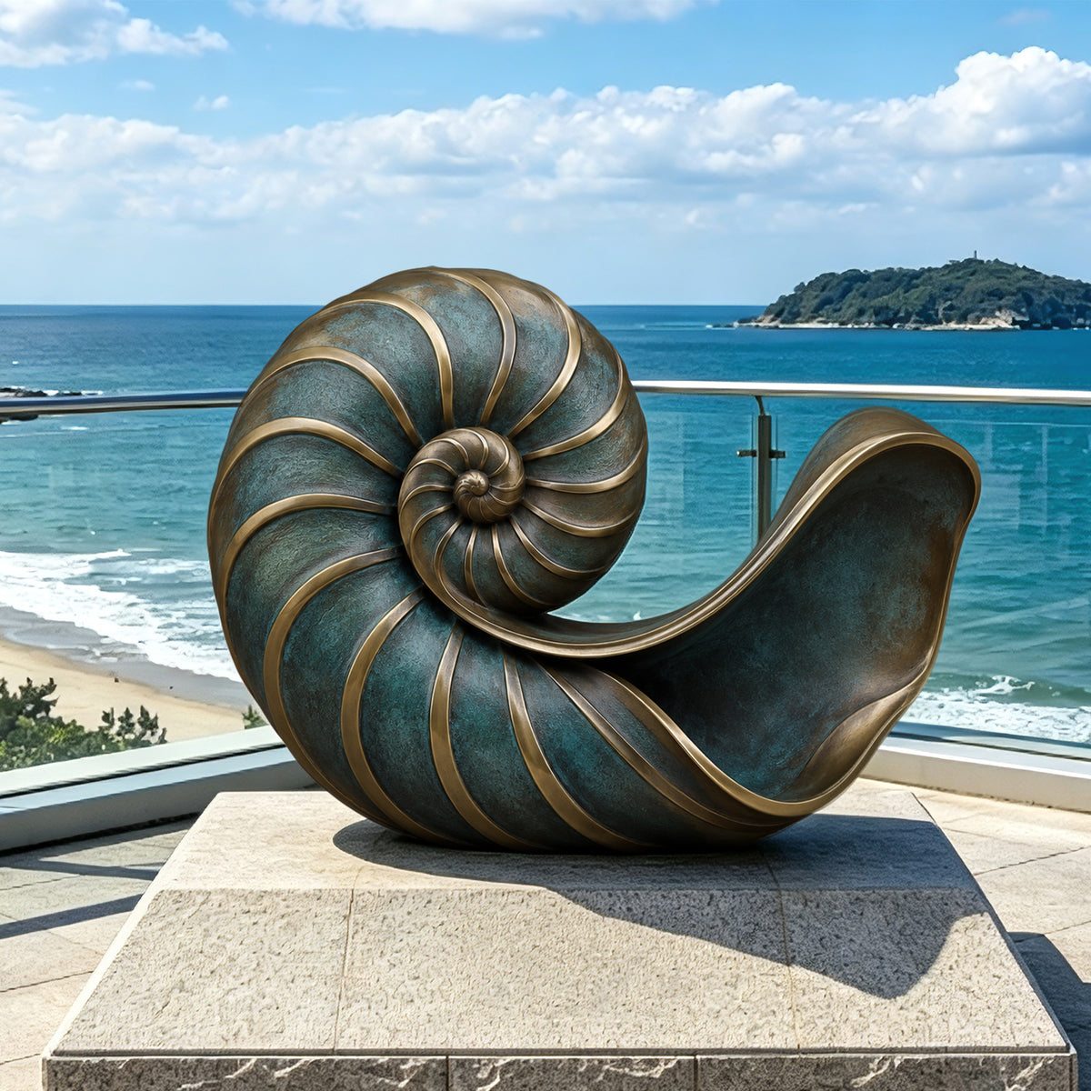Large bronze nautilus shell sculpture displayed on a stone pedestal overlooking the ocean, featuring a dramatic spiral form, raised golden ribs, flowing sculptural curves, and a turquoise verdigris bronze finish.