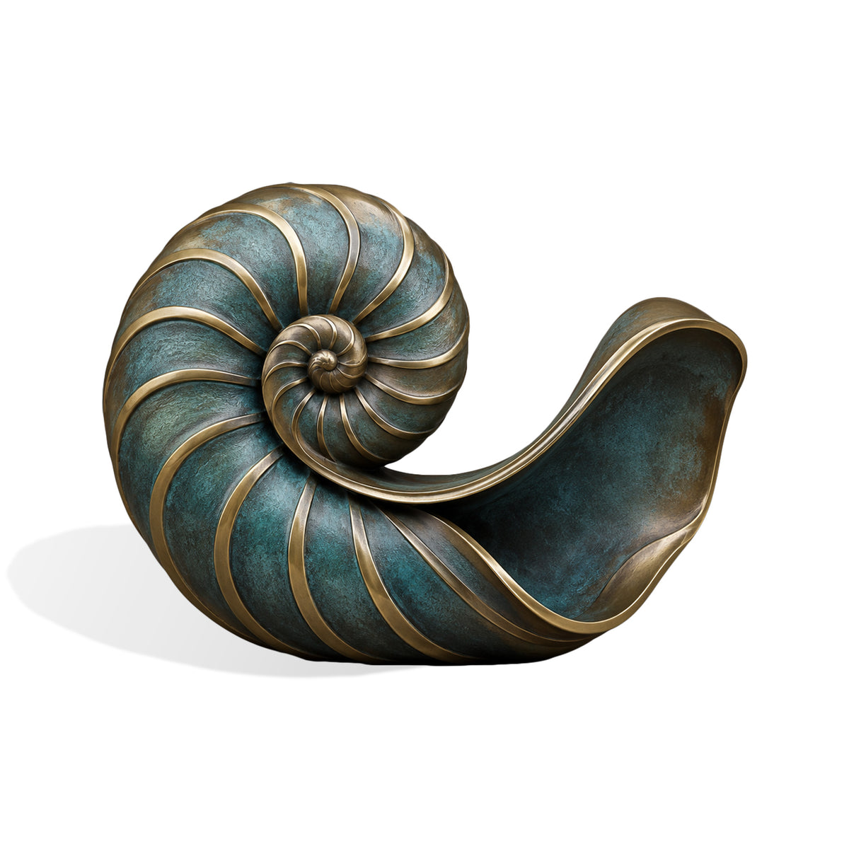 Decorative bronze nautilus shell statue shown on a white background, designed with a bold spiral silhouette, sweeping curved opening, raised polished bronze ribs, textured surfaces, and a turquoise verdigris bronze finish.