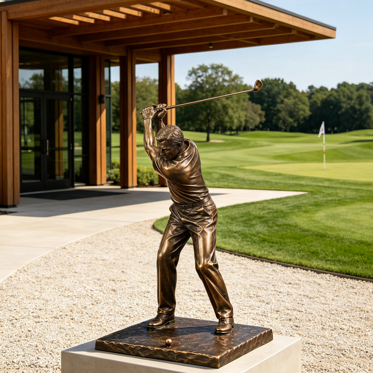 Life-size bronze golfer sculpture displayed beside a golf course clubhouse, depicting a male golfer in a powerful backswing with raised club, detailed sportswear, golf ball, textured base, and warm antique bronze finish.