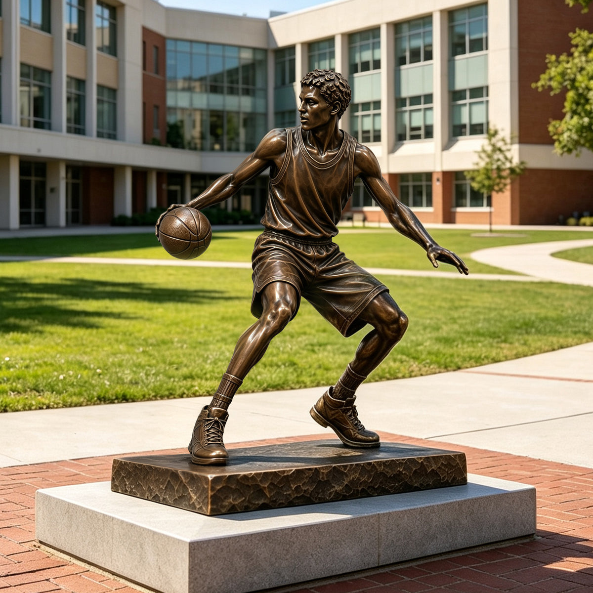 Bronze basketball player sculpture shown on a white background, depicting an athletic male player dribbling a basketball in a dynamic stance with extended defensive arm, detailed jersey, shorts, sneakers, muscular anatomy, textured rectangular base, and warm antique bronze finish.