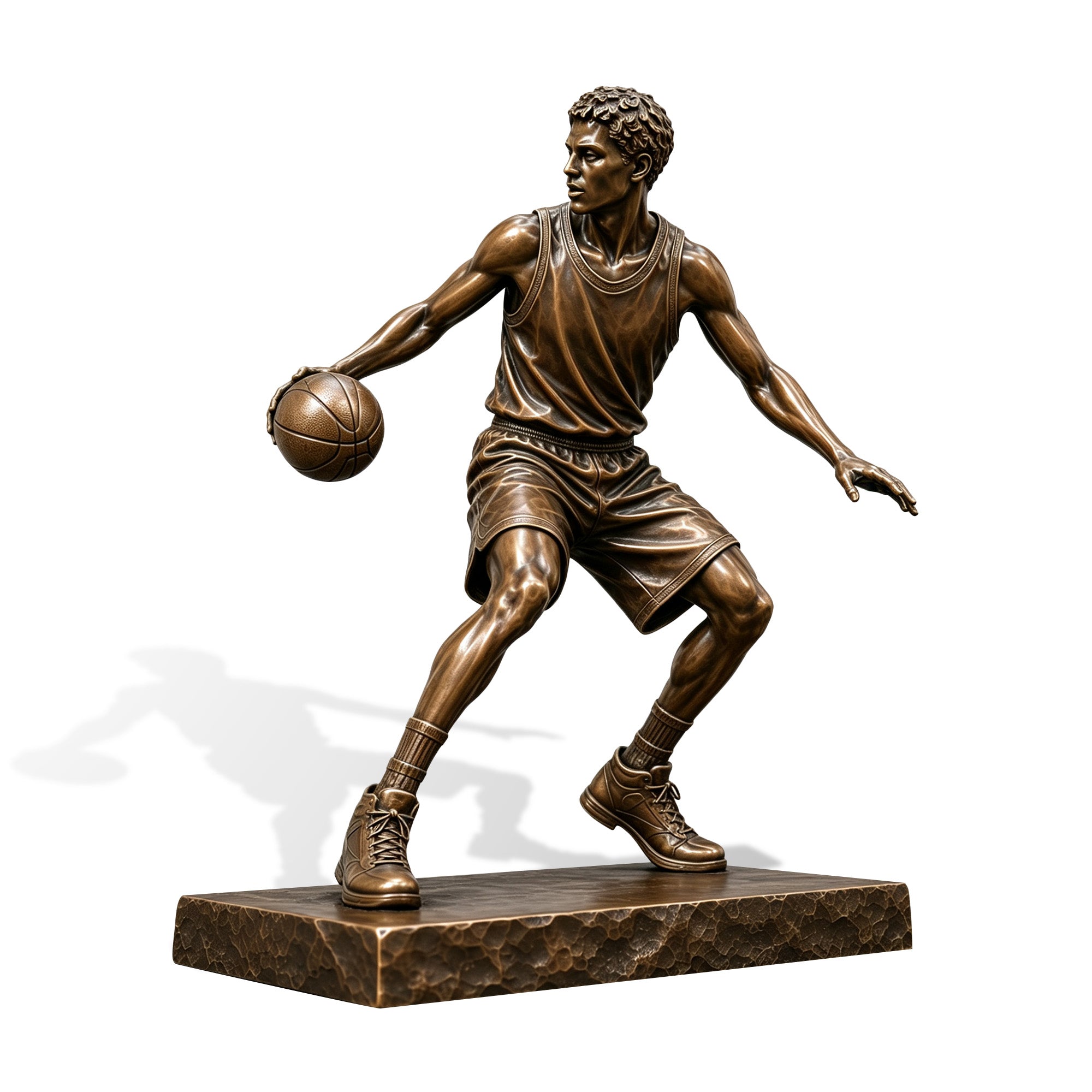 Life-size bronze basketball player statue displayed on a stone pedestal in a school campus courtyard, capturing a male athlete dribbling in motion with realistic sportswear, detailed basketball, athletic posture, and warm antique bronze finish.