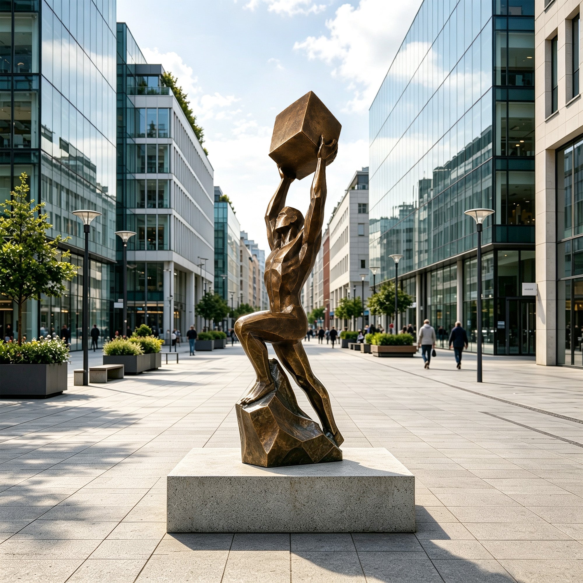 Abstract bronze athlete sculpture shown on a white background, depicting a muscular male figure lifting a large geometric cube overhead while stepping upward on a rocky base, with elongated proportions, angular faceted surfaces, and a warm antique bronze finish.
