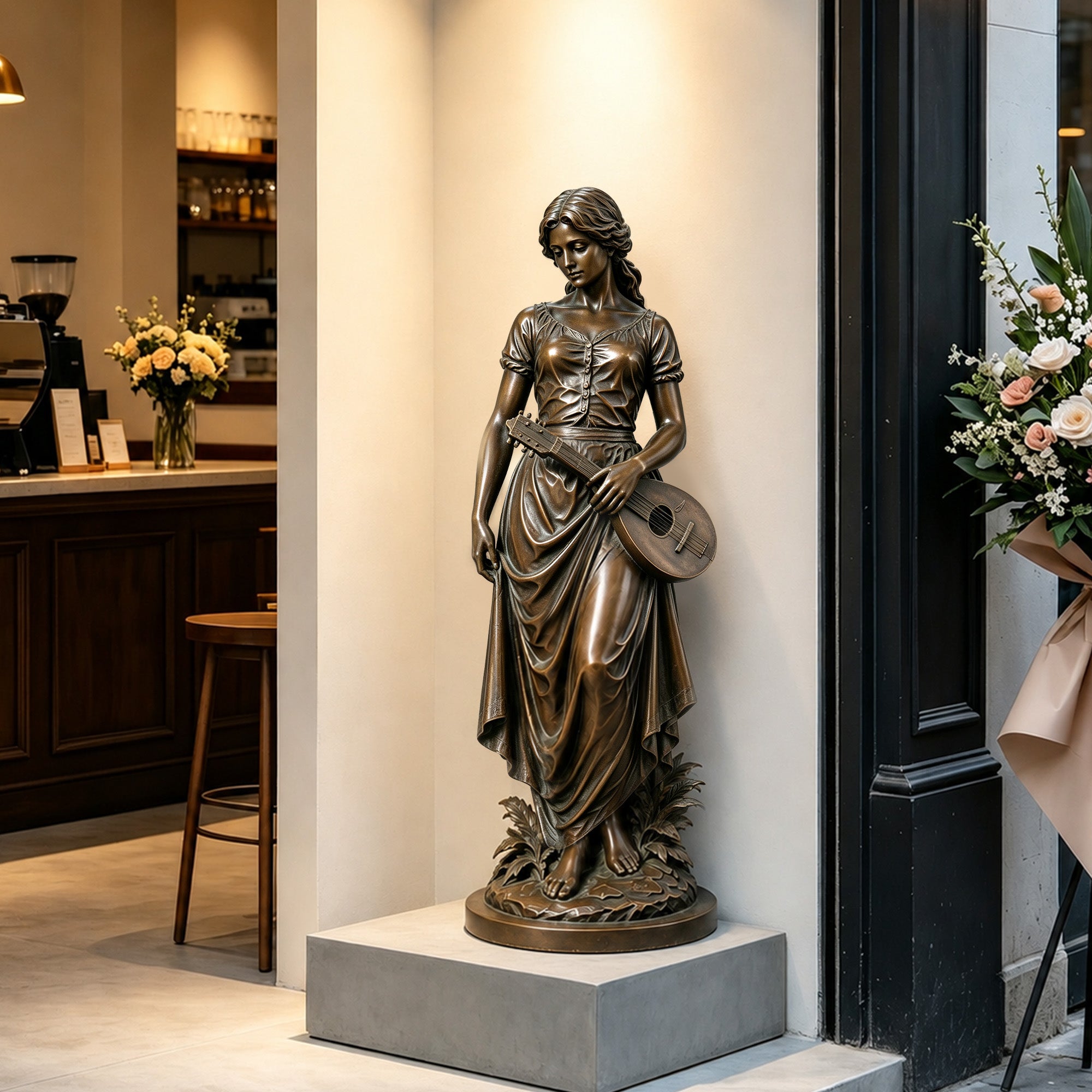 Bronze lady musician sculpture displayed on a pedestal in an elegant interior, depicting a graceful young woman in a flowing classical dress holding a lute at her side, with detailed hair, drapery, botanical base, and warm antique bronze finish.
