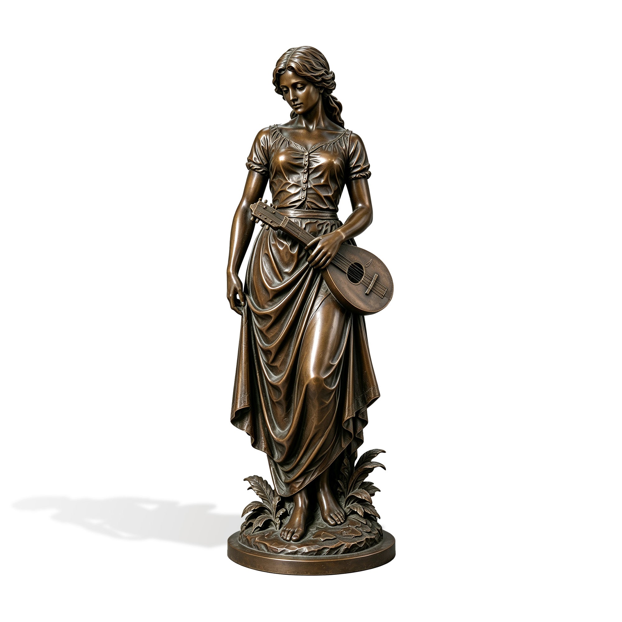 Full-length bronze woman sculpture on a white background, featuring an elegant female musician holding a lute while wearing a long flowing dress, with finely modeled facial features, wavy hair, leafy details around the round base, and a warm antique bronze finish.