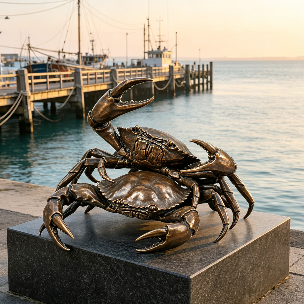 Realistic bronze crab sculpture with two detailed crabs and raised claws on a rocky base