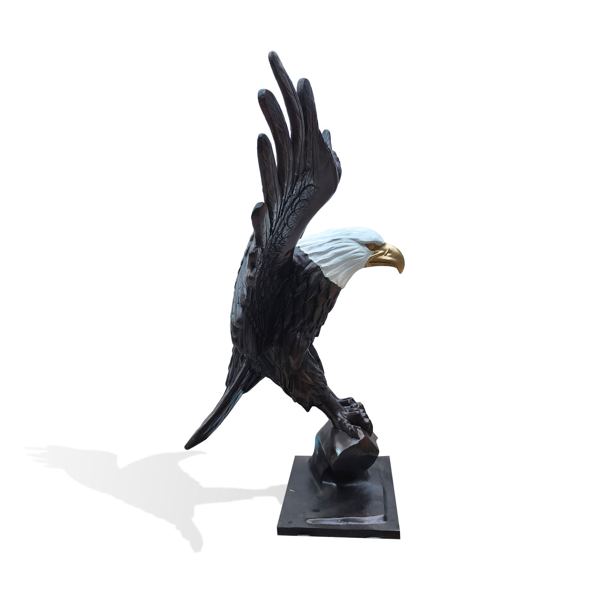 Bronze bald eagle sculpture with spread wings, detailed side view showing the eagle profile