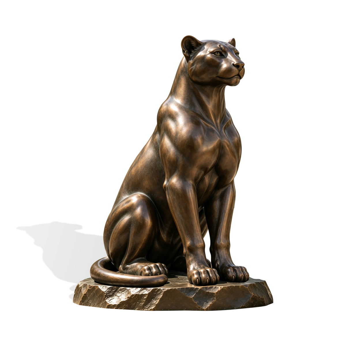 Large seated bronze panther sculpture with a muscular body, raised head and long curved tail