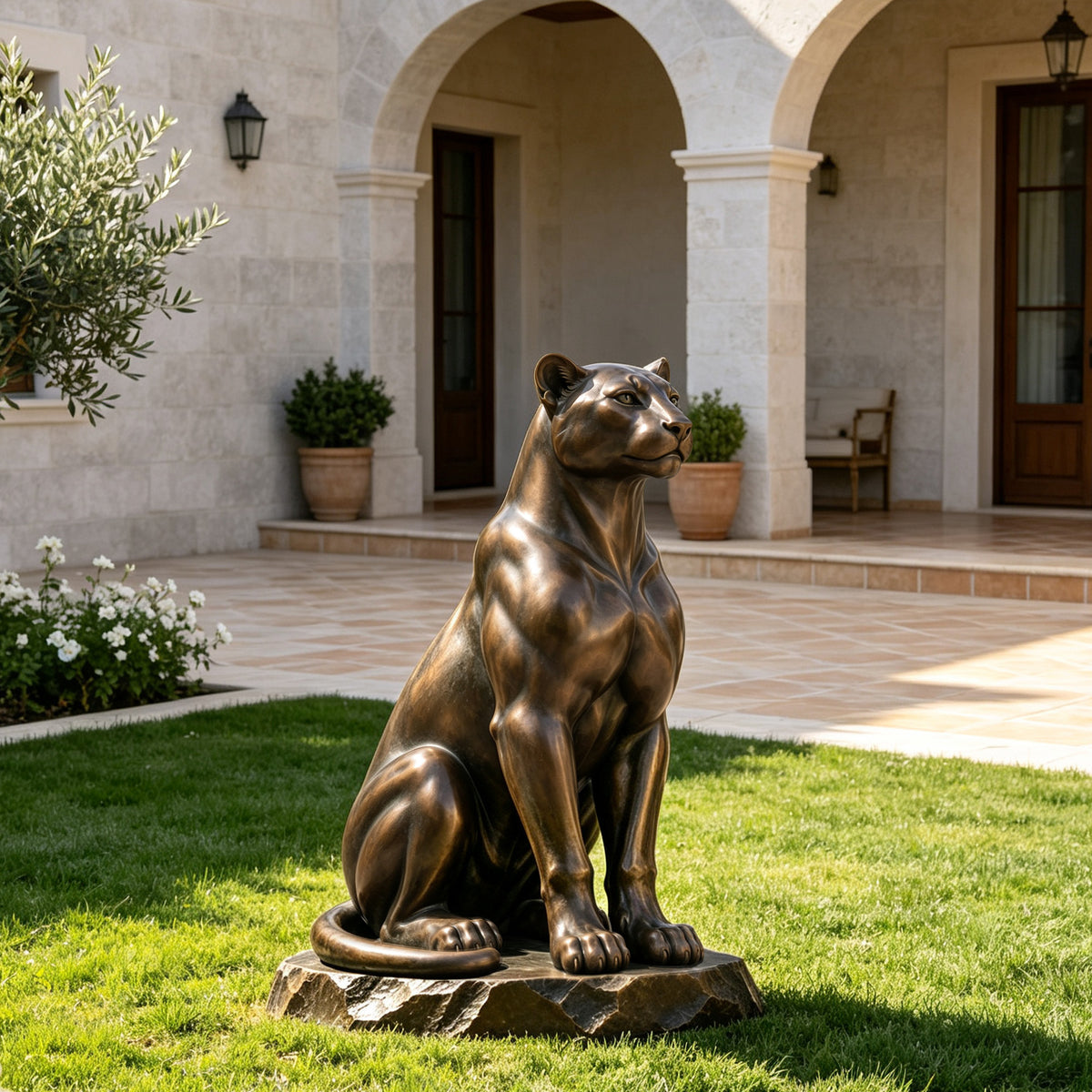 Seated bronze panther sculpture displayed as an outdoor wildlife statue in a landscaped garden
