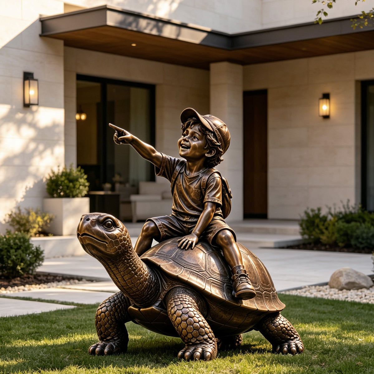 Bronze boy riding turtle sculpture displayed in a garden, ideal for schools, kindergartens and outdoor spaces