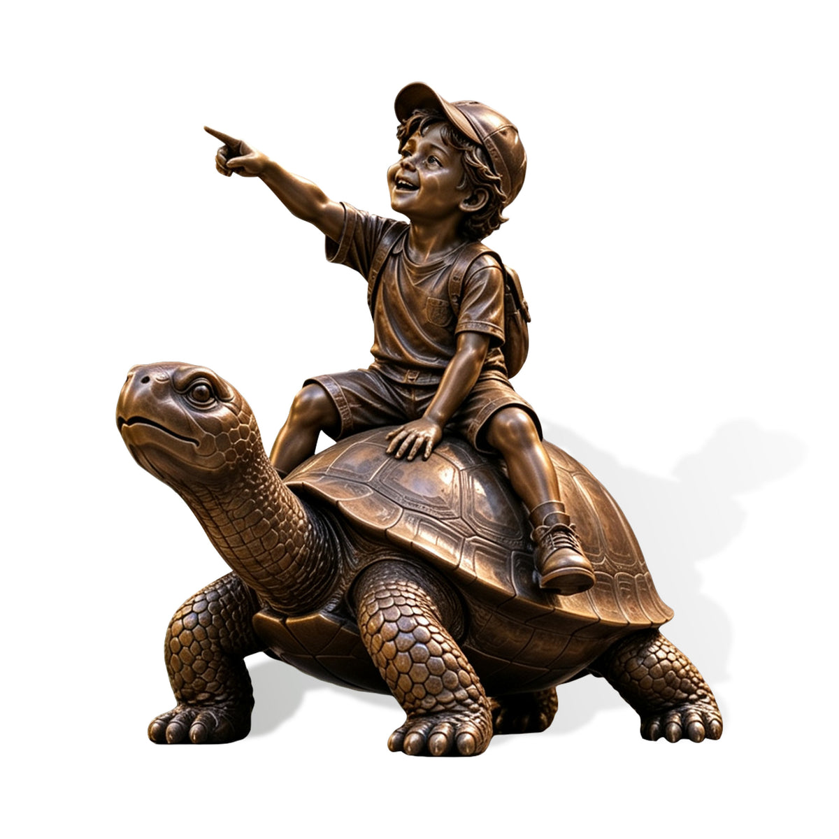 Bronze boy riding turtle sculpture featuring a child pointing forward while seated on a detailed turtle