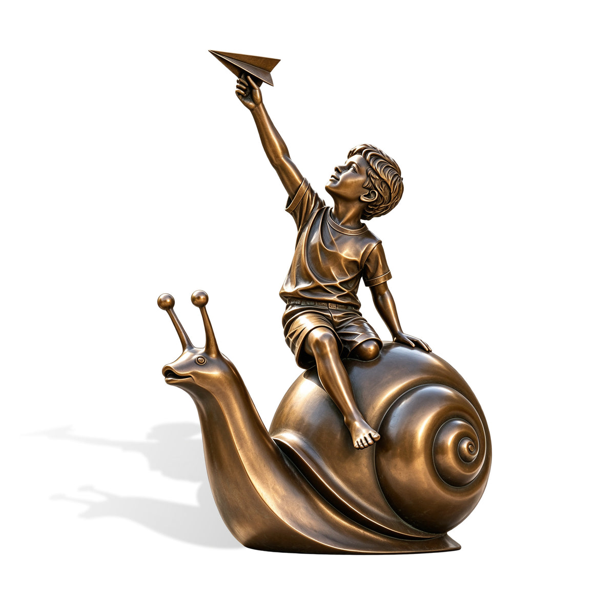 Bronze boy riding snail fountain sculpture with the child holding a paper airplane