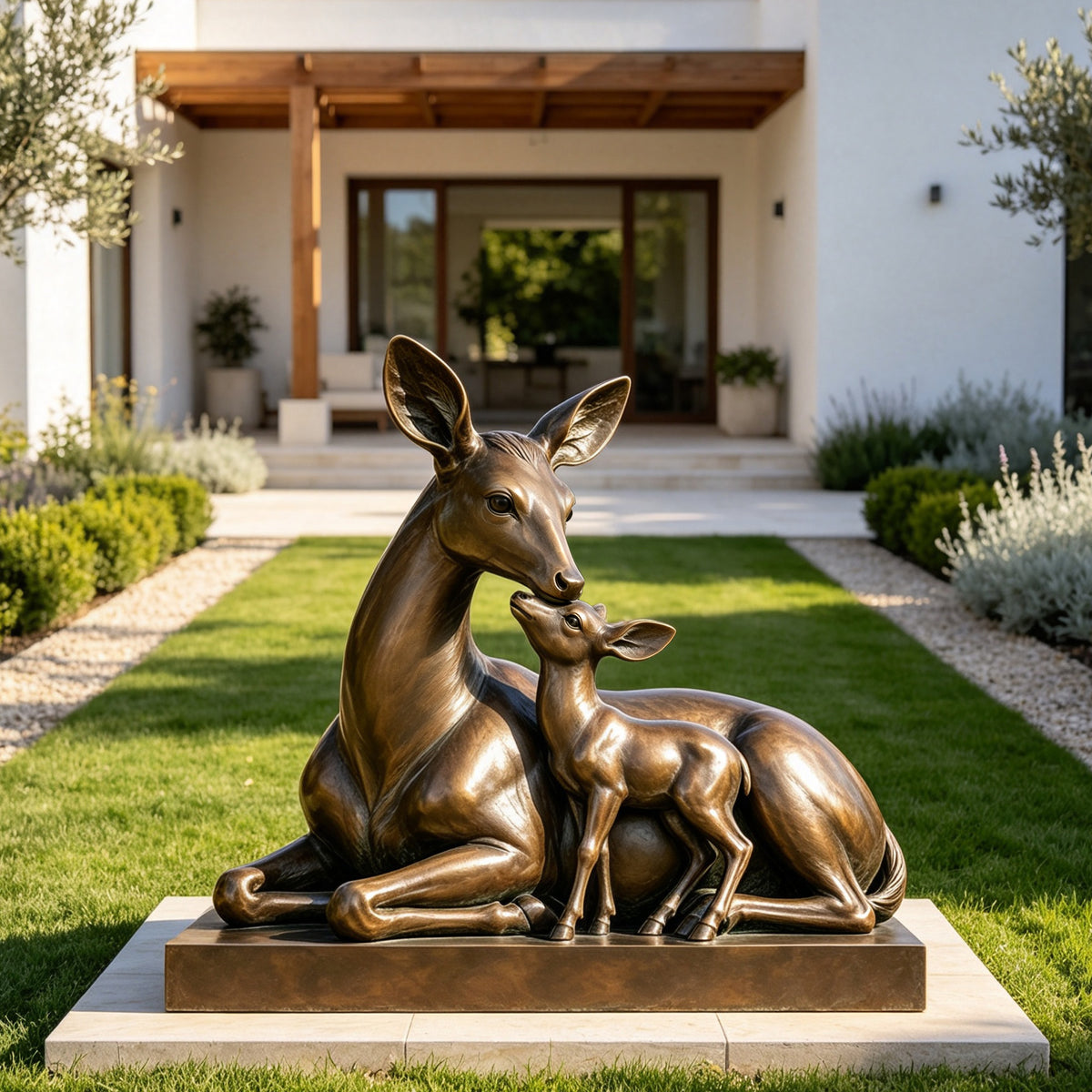 Bronze doe and fawn sculpture displayed as a mother and baby deer statue in a landscaped garden