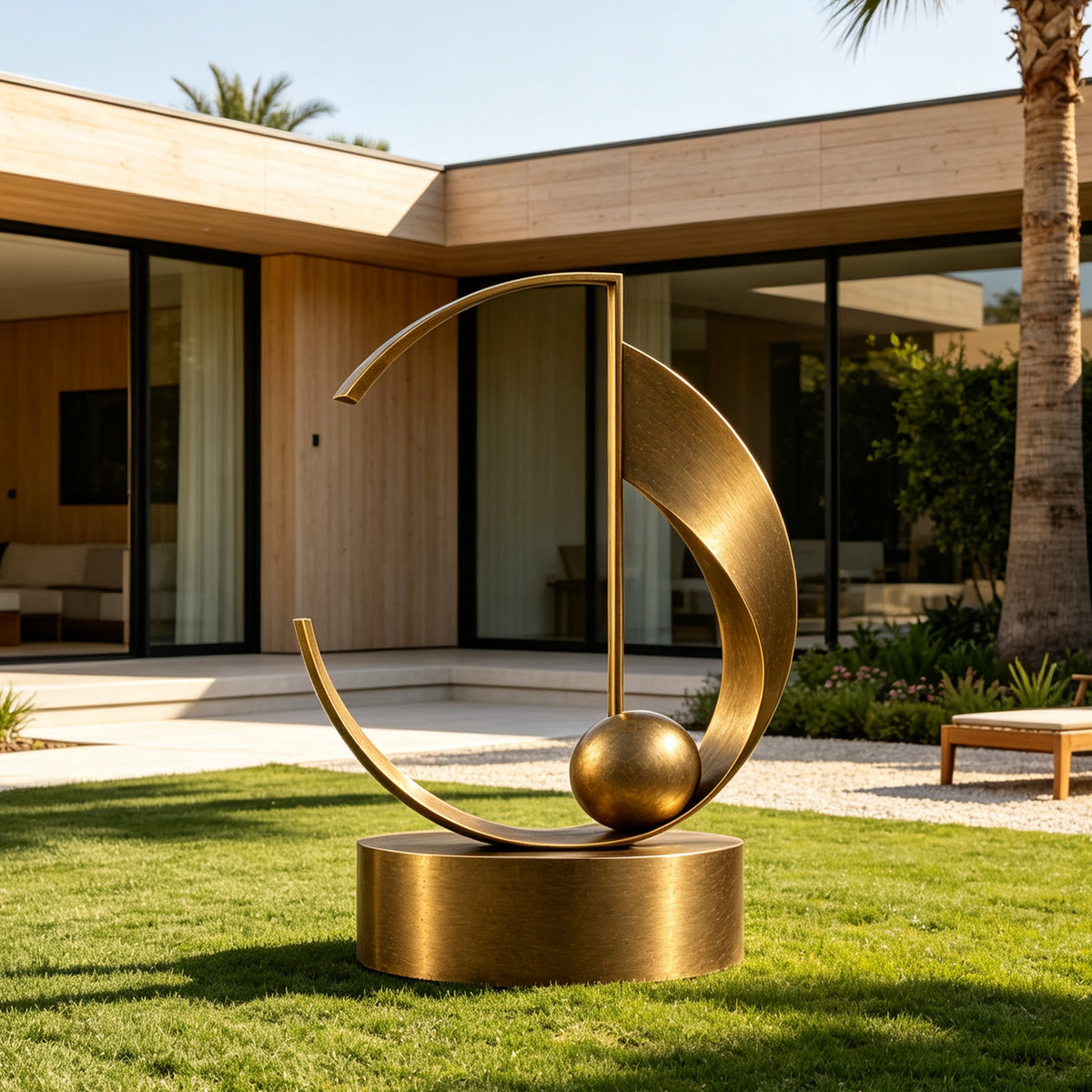 Abstract bronze sculpture with curved geometric forms and a sphere displayed as modern garden lawn art