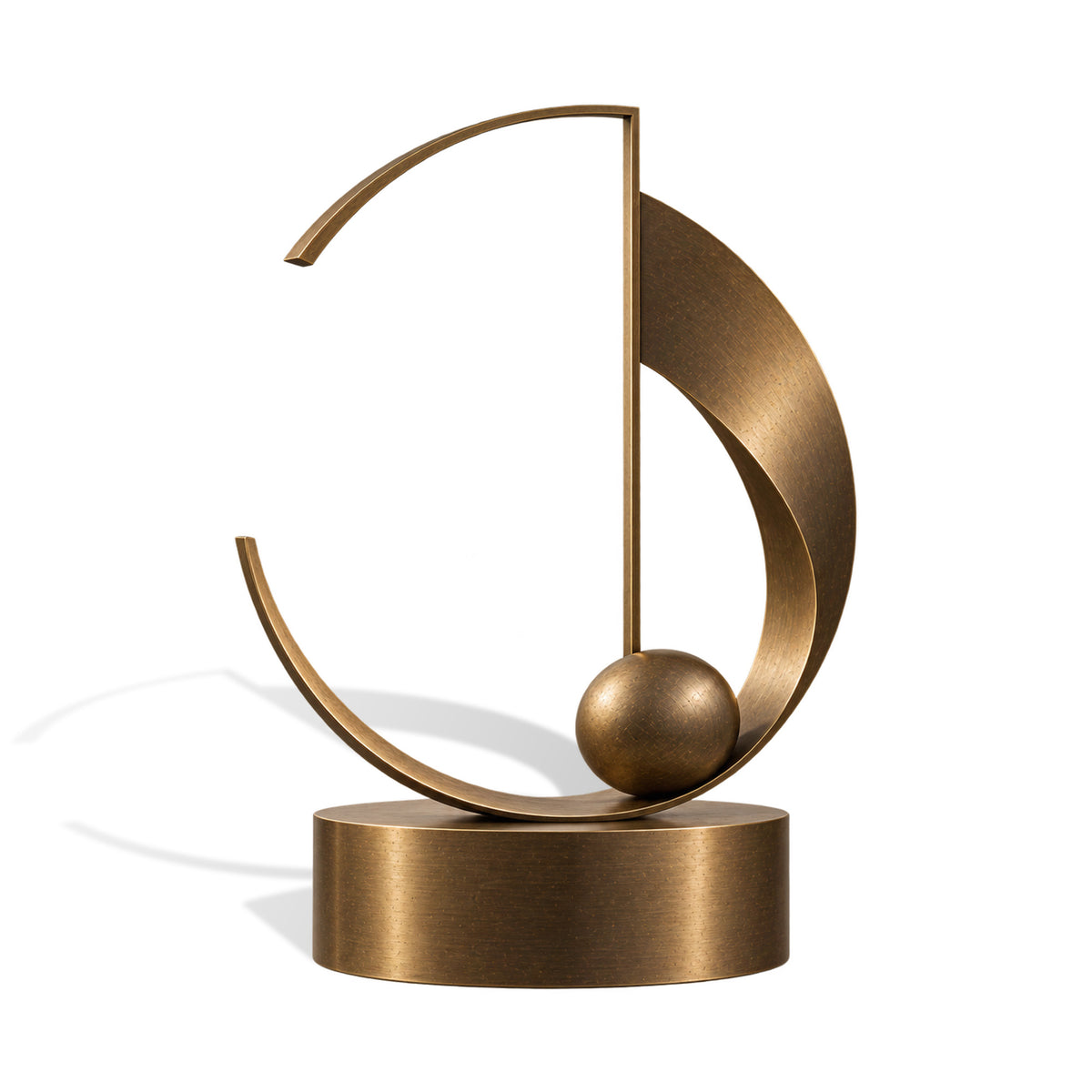 Modern geometric bronze sculpture featuring sweeping curved lines, a suspended form and spherical element