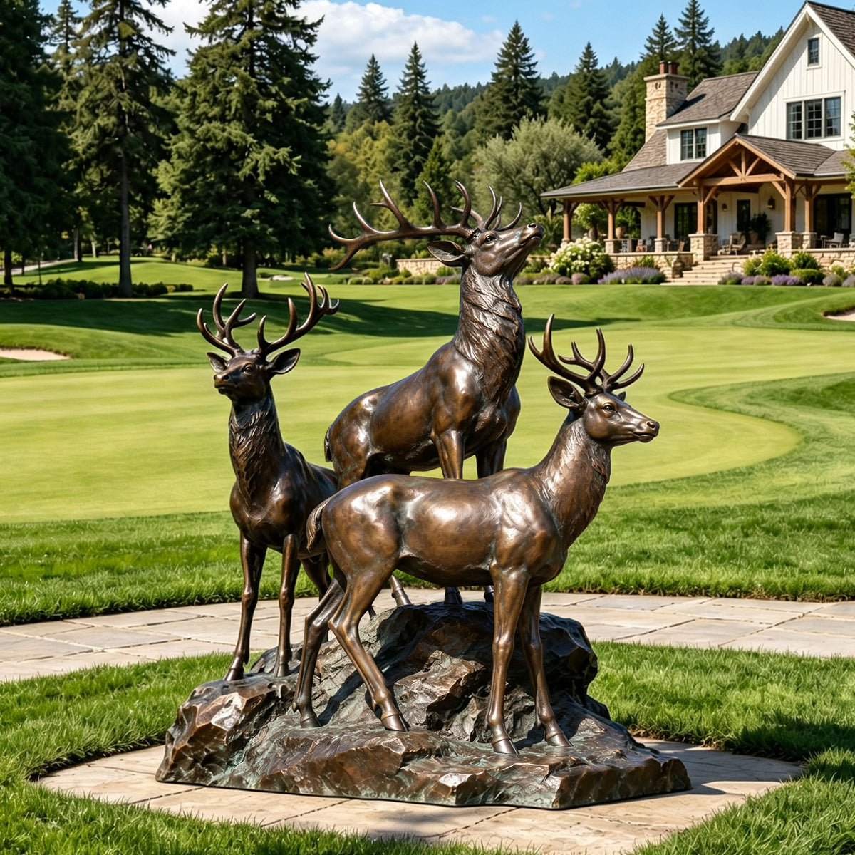 Life size three stags bronze sculpture displayed in an estate garden landscape