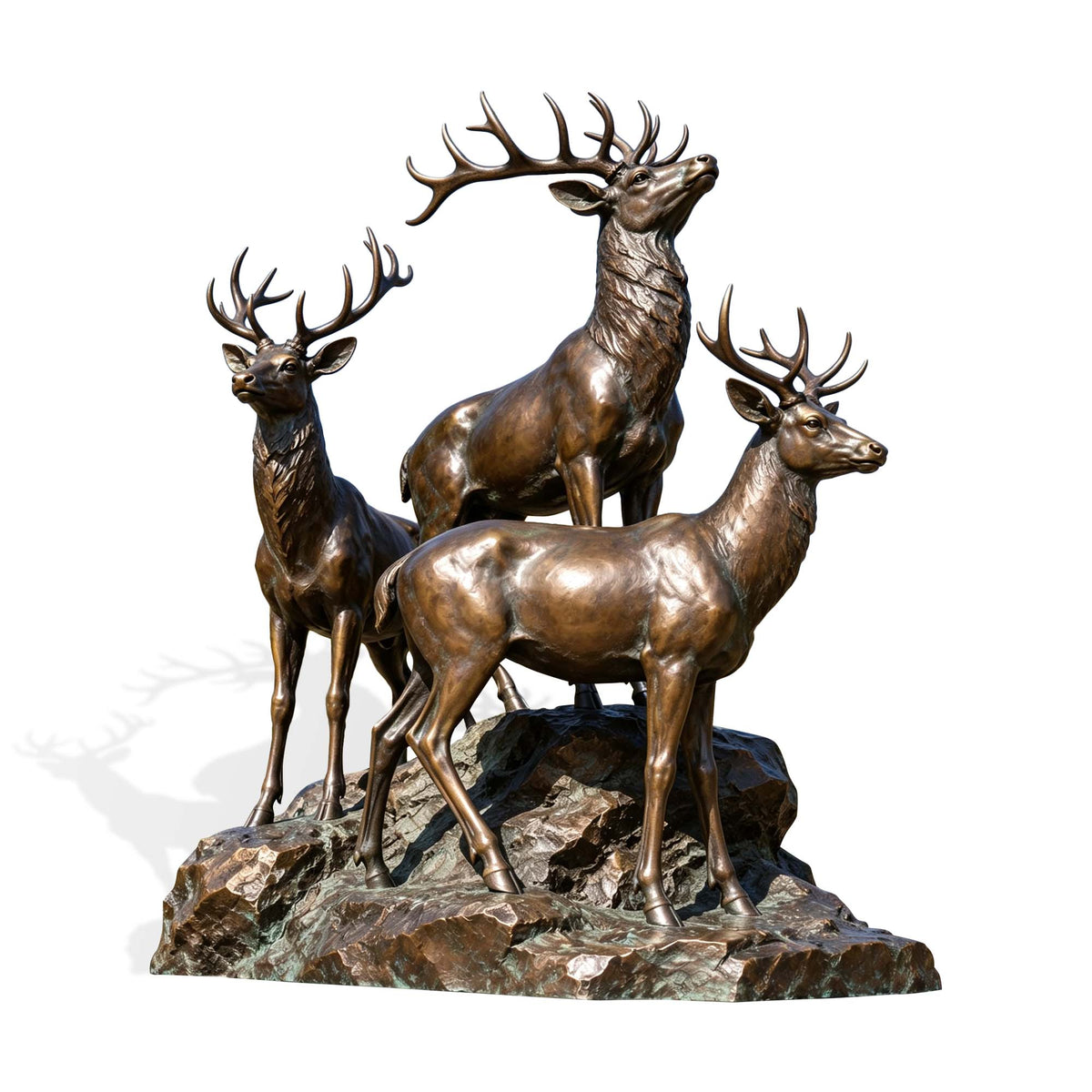 Real size bronze deer group sculpture featuring three antlered stags standing on a bronze made rocky base