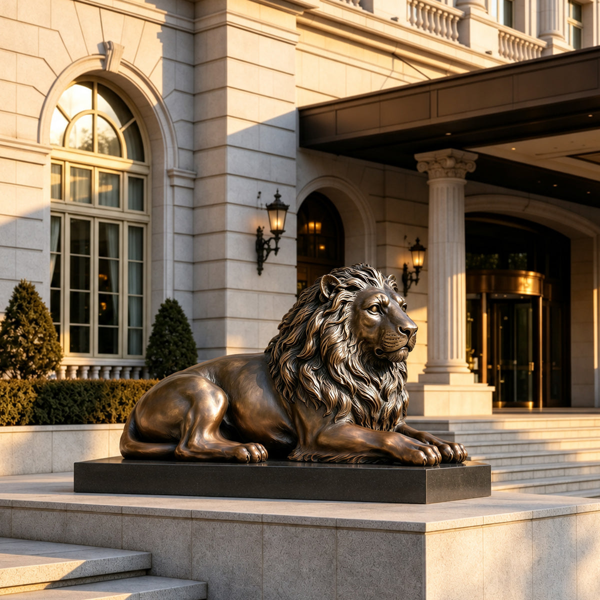 Reclining bronze lion sculpture displayed at a luxury hotel entrance with classical architecture