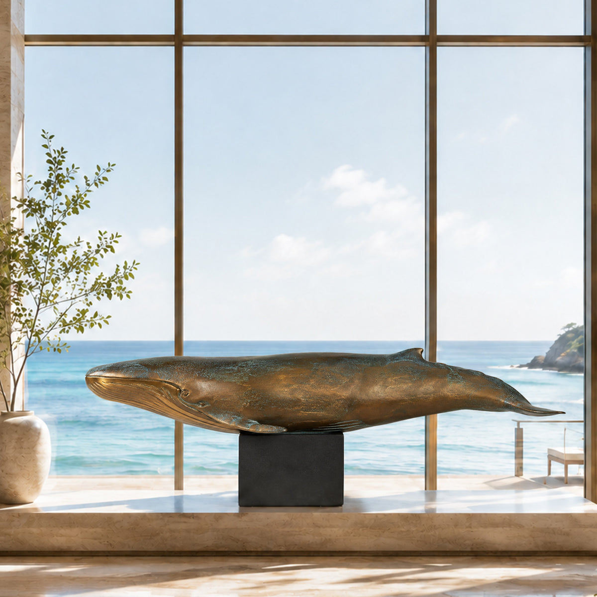 Bronze whale sculpture displayed by a large window overlooking the ocean in a luxury coastal interior