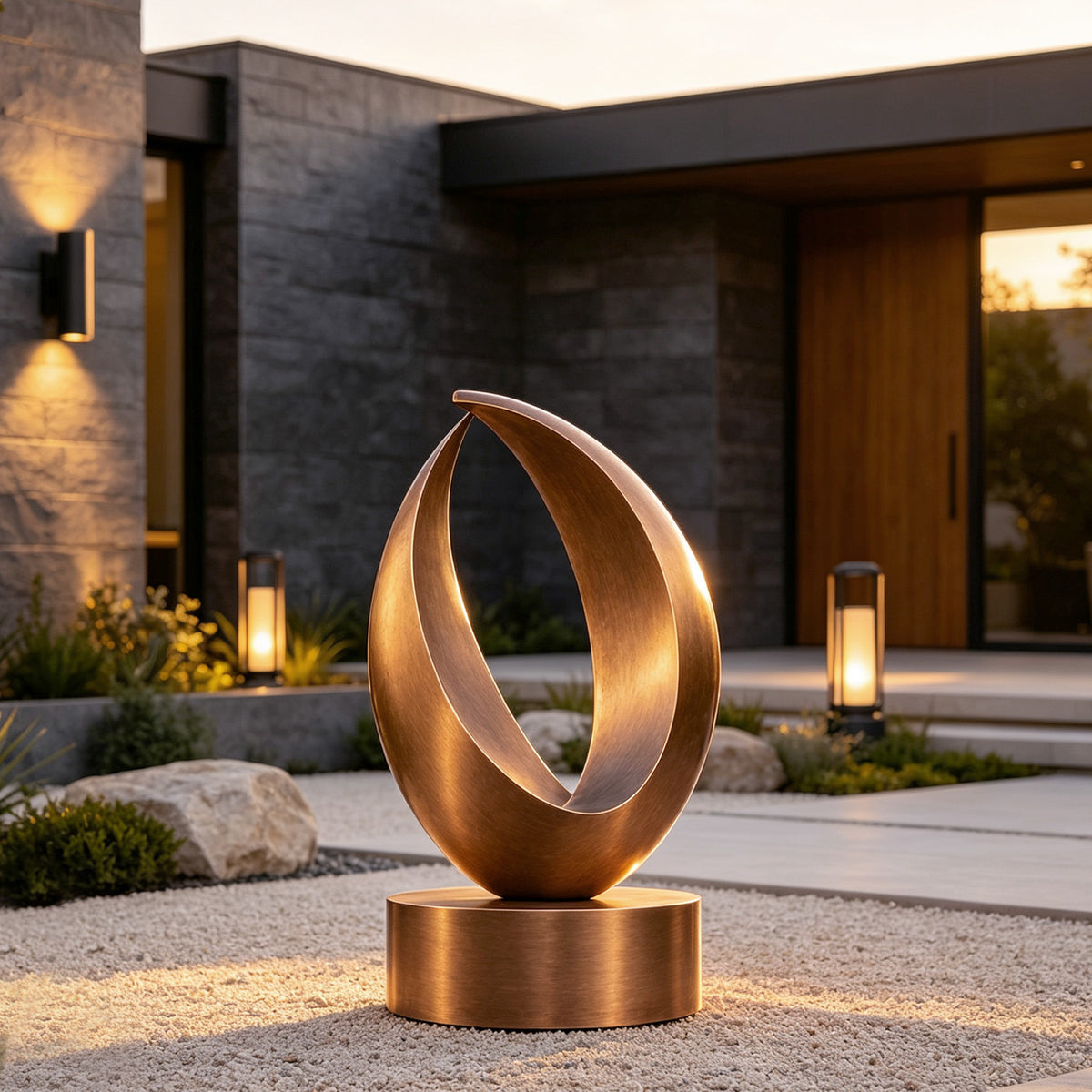 Abstract bronze garden sculpture with brushed metal texture displayed in a modern luxury courtyard