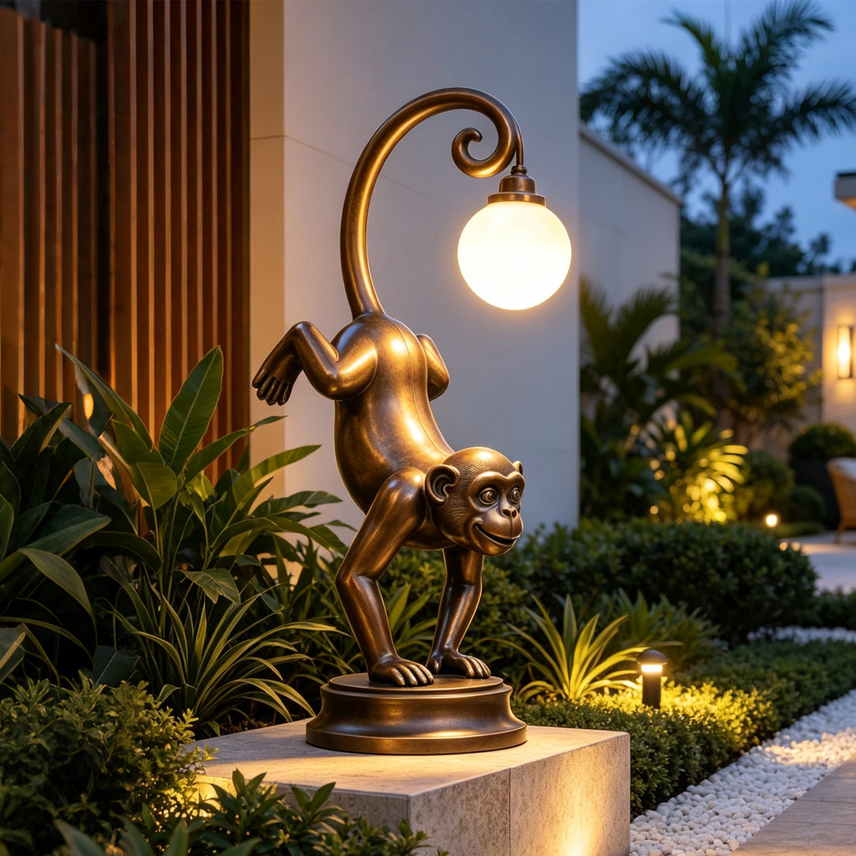 Bronze monkey light sculpture with glowing moon globe displayed in a modern outdoor garden