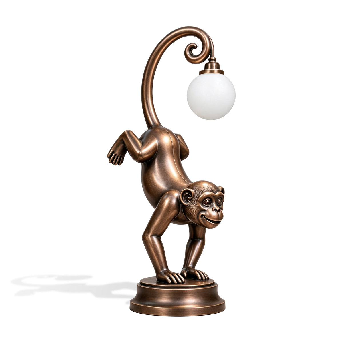 Whimsical bronze monkey sculpture with curved tail supporting a round globe light
